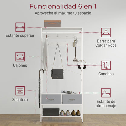 Coat Rack Shoe Rack Entryway Coat Rack with Shoe Storage 8 Hooks 2 Fabric Drawers Mesh Shelf Industrial Style for Hanging Clothes Hallway Bedroom Living Room 80x30x180.5 cm White