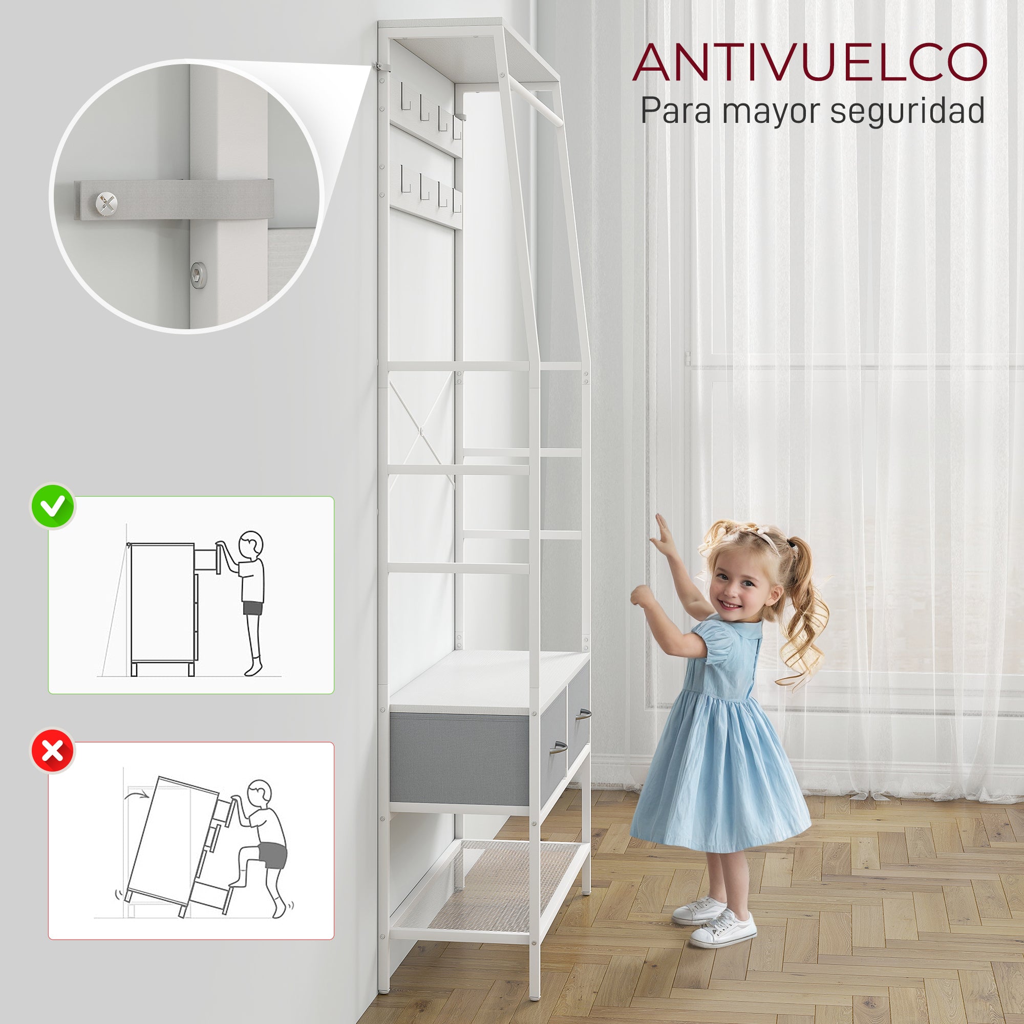 Coat Rack Shoe Rack Entryway Coat Rack with Shoe Storage 8 Hooks 2 Fabric Drawers Mesh Shelf Industrial Style for Hanging Clothes Hallway Bedroom Living Room 80x30x180.5 cm White