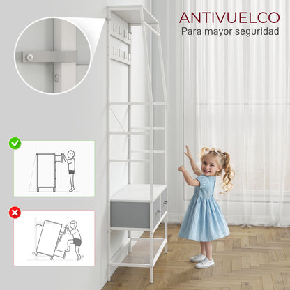 Coat Rack Shoe Rack Entryway Coat Rack with Shoe Storage 8 Hooks 2 Fabric Drawers Mesh Shelf Industrial Style for Hanging Clothes Hallway Bedroom Living Room 80x30x180.5 cm White