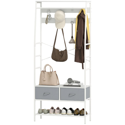 Coat Rack Shoe Rack Entryway Coat Rack with Shoe Storage 8 Hooks 2 Fabric Drawers Mesh Shelf Industrial Style for Hanging Clothes Hallway Bedroom Living Room 80x30x180.5 cm White