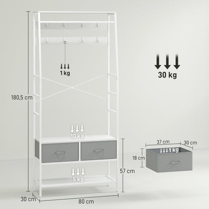Coat Rack Shoe Rack Entryway Coat Rack with Shoe Storage 8 Hooks 2 Fabric Drawers Mesh Shelf Industrial Style for Hanging Clothes Hallway Bedroom Living Room 80x30x180.5 cm White