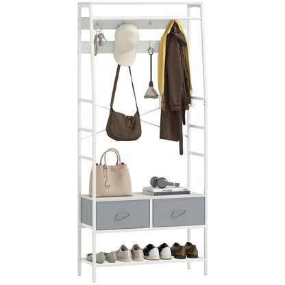 Coat Rack Shoe Rack Entryway Coat Rack with Shoe Storage 8 Hooks 2 Fabric Drawers Mesh Shelf Industrial Style for Hanging Clothes Hallway Bedroom Living Room 80x30x180.5 cm White