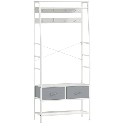 Coat Rack Shoe Rack Entryway Coat Rack with Shoe Storage 8 Hooks 2 Fabric Drawers Mesh Shelf Industrial Style for Hanging Clothes Hallway Bedroom Living Room 80x30x180.5 cm White
