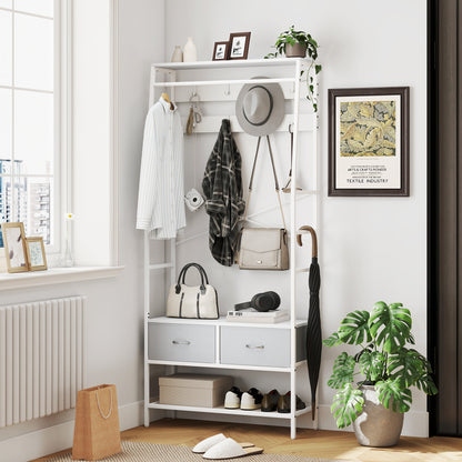 Coat Rack Shoe Rack Entryway Coat Rack with Shoe Storage 8 Hooks 2 Fabric Drawers Mesh Shelf Industrial Style for Hanging Clothes Hallway Bedroom Living Room 80x30x180.5 cm White