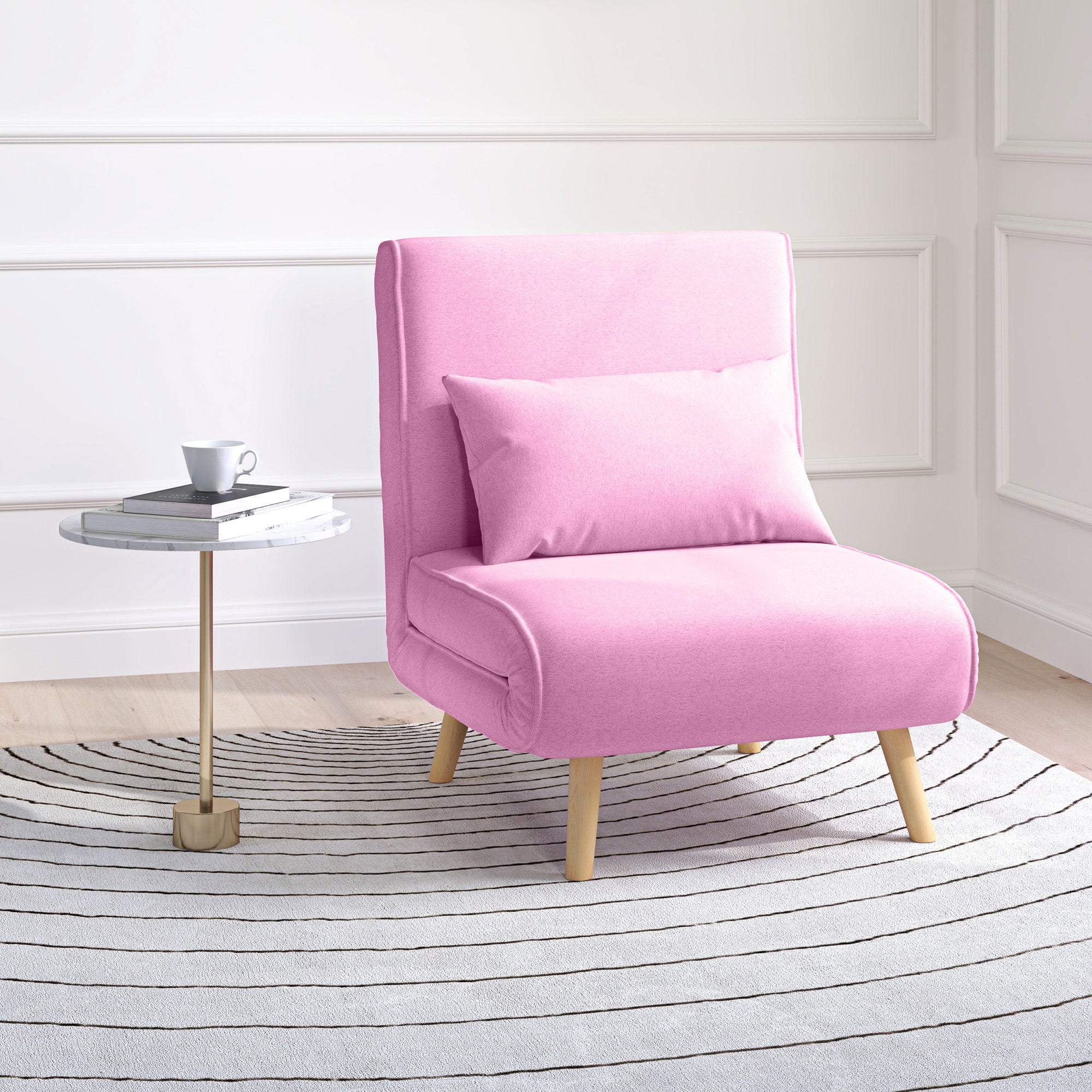 Single Sofa Bed Foldable Linen Upholstery with Adjustable Backrest in 5 Positions and Pillow Small Sofa Bed for Living Room 72x75x85 cm Pink