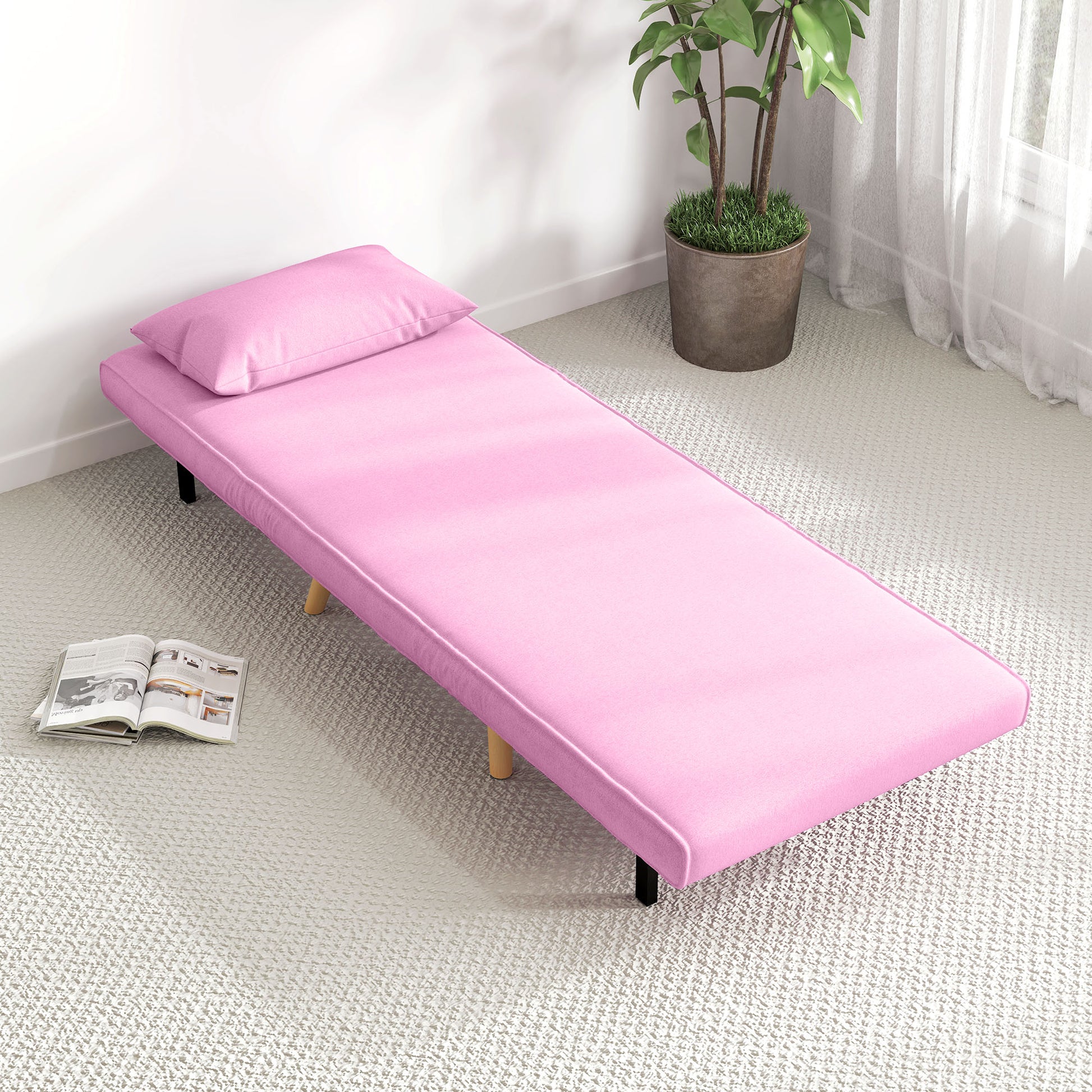 Single Sofa Bed Foldable Linen Upholstery with Adjustable Backrest in 5 Positions and Pillow Small Sofa Bed for Living Room 72x75x85 cm Pink