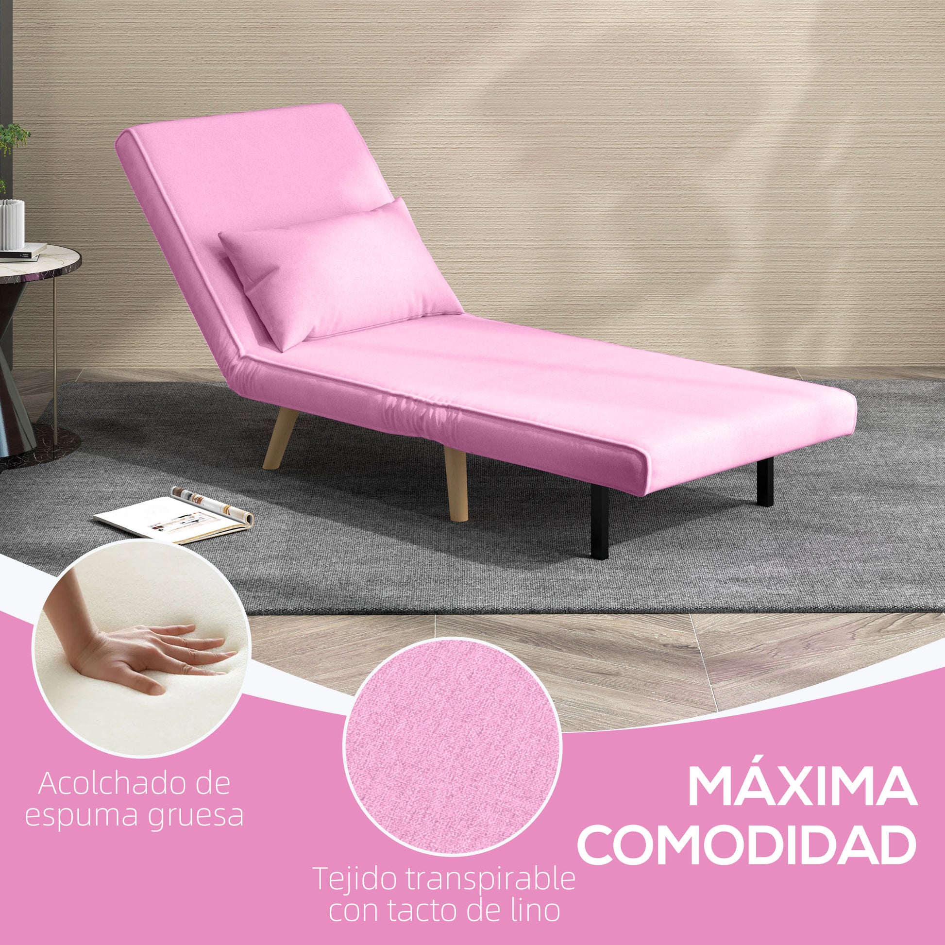 Single Sofa Bed Foldable Linen Upholstery with Adjustable Backrest in 5 Positions and Pillow Small Sofa Bed for Living Room 72x75x85 cm Pink