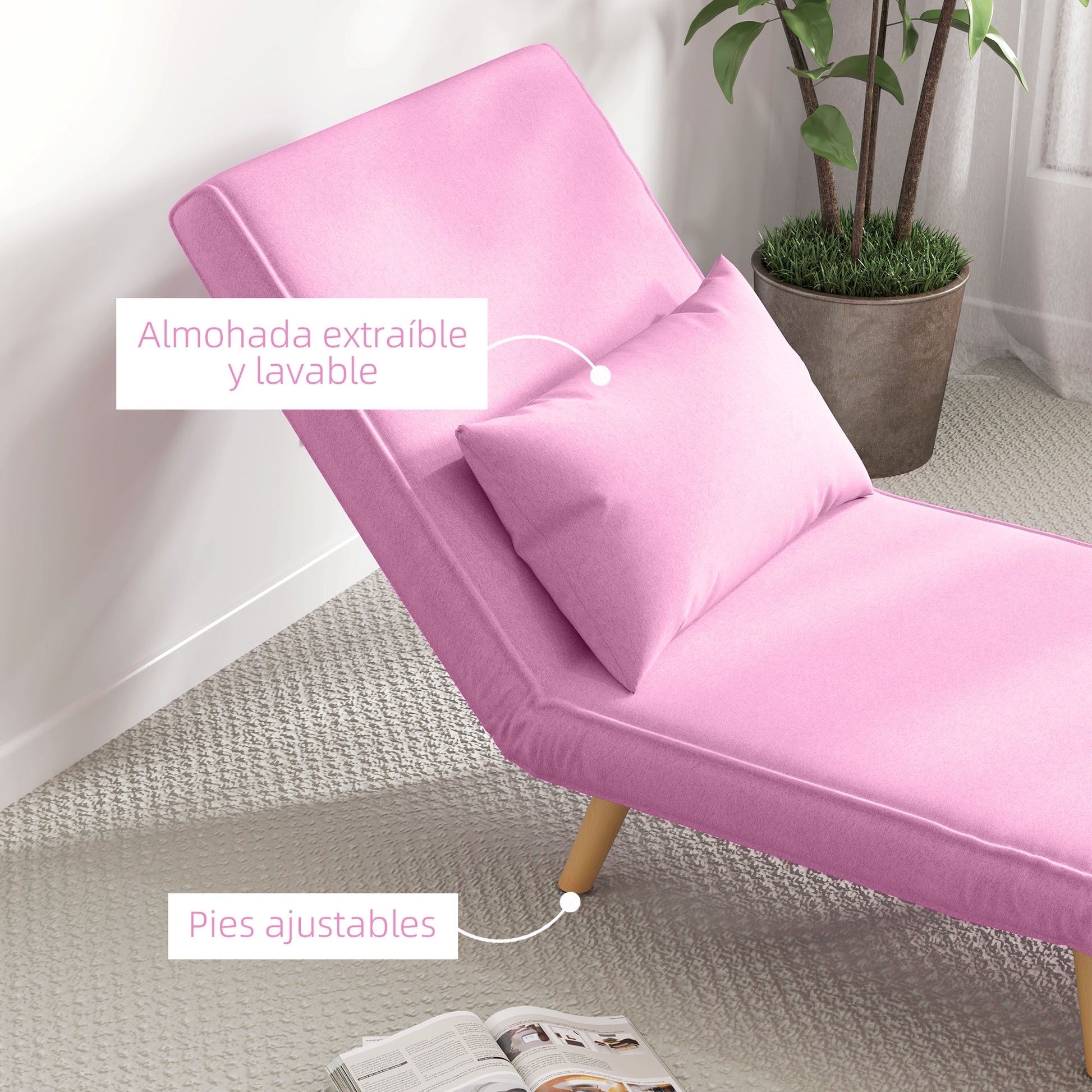 Single Sofa Bed Foldable Linen Upholstery with Adjustable Backrest in 5 Positions and Pillow Small Sofa Bed for Living Room 72x75x85 cm Pink