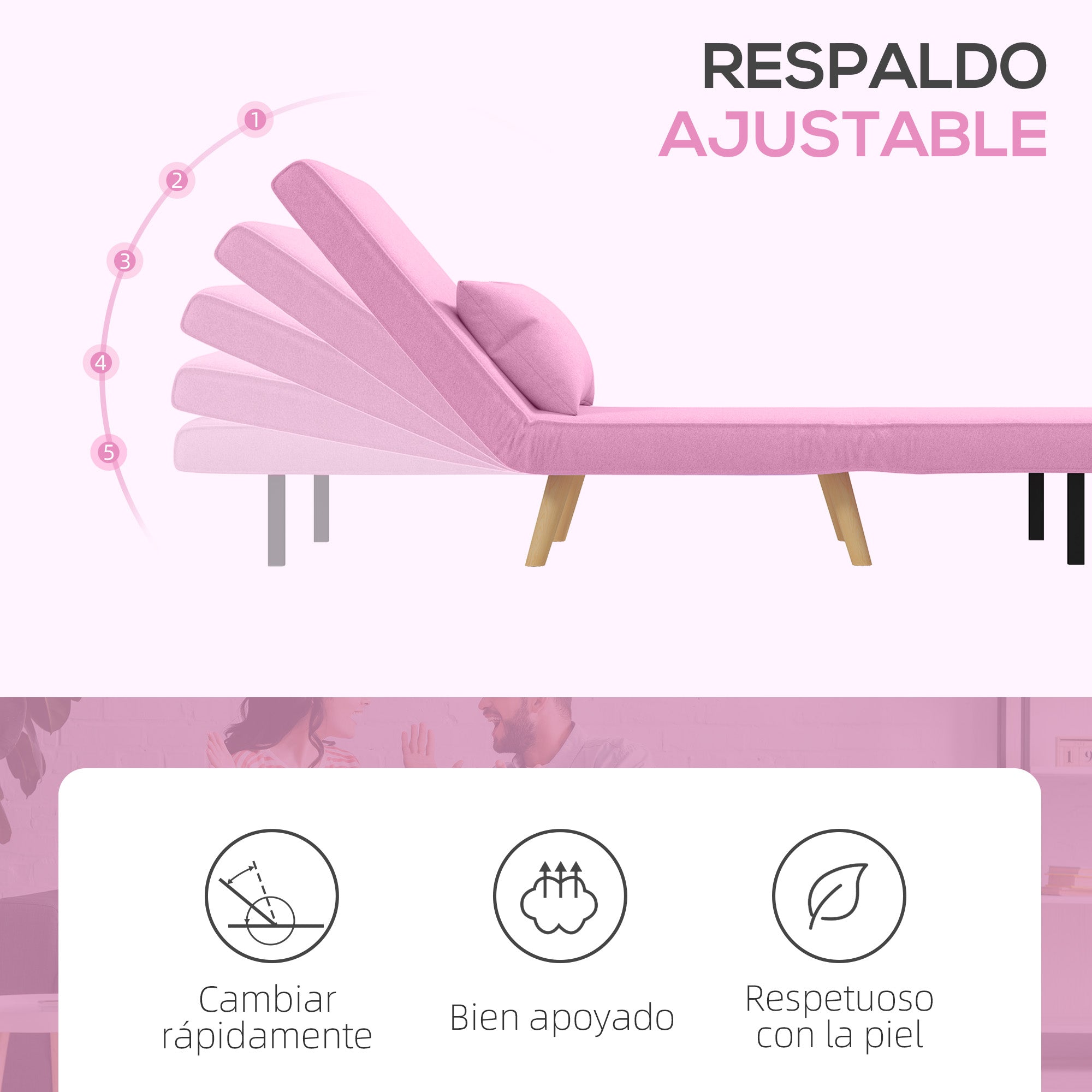 Single Sofa Bed Foldable Linen Upholstery with Adjustable Backrest in 5 Positions and Pillow Small Sofa Bed for Living Room 72x75x85 cm Pink