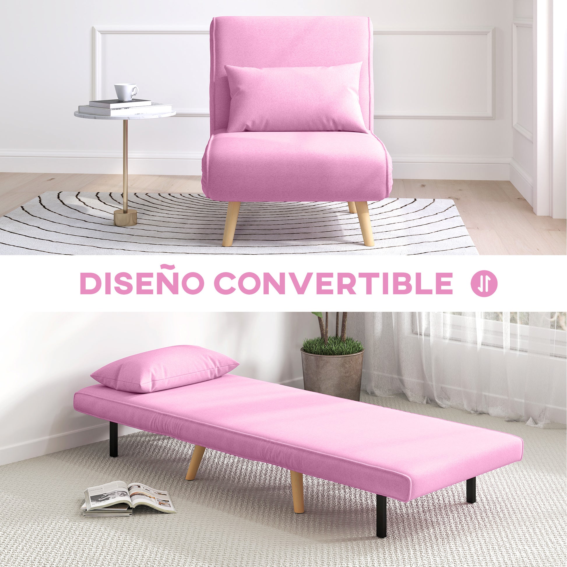 Single Sofa Bed Foldable Linen Upholstery with Adjustable Backrest in 5 Positions and Pillow Small Sofa Bed for Living Room 72x75x85 cm Pink