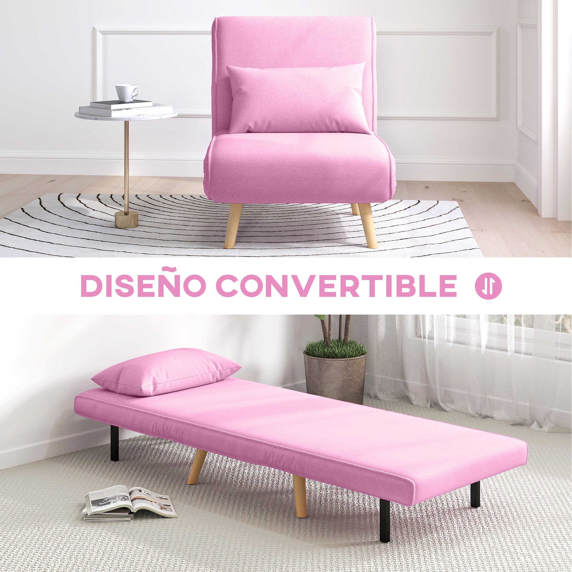 Single Sofa Bed Foldable Linen Upholstery with Adjustable Backrest in 5 Positions and Pillow Small Sofa Bed for Living Room 72x75x85 cm Pink