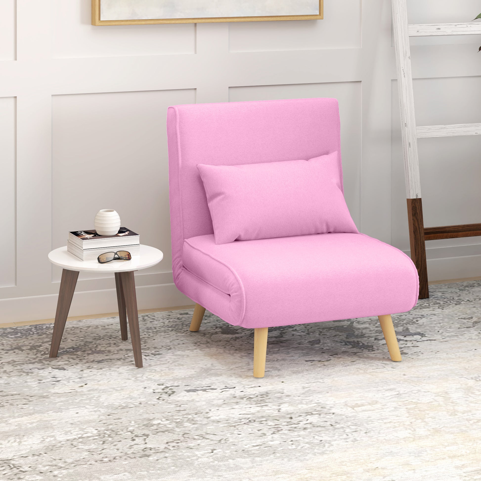 Single Sofa Bed Foldable Linen Upholstery with Adjustable Backrest in 5 Positions and Pillow Small Sofa Bed for Living Room 72x75x85 cm Pink
