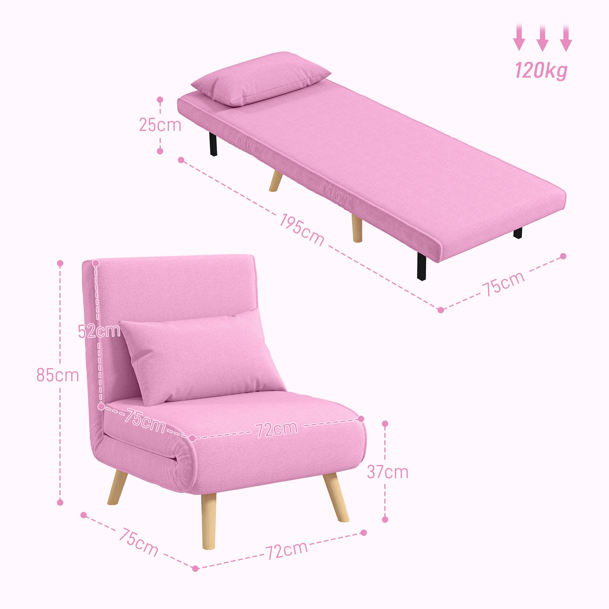 Single Sofa Bed Foldable Linen Upholstery with Adjustable Backrest in 5 Positions and Pillow Small Sofa Bed for Living Room 72x75x85 cm Pink