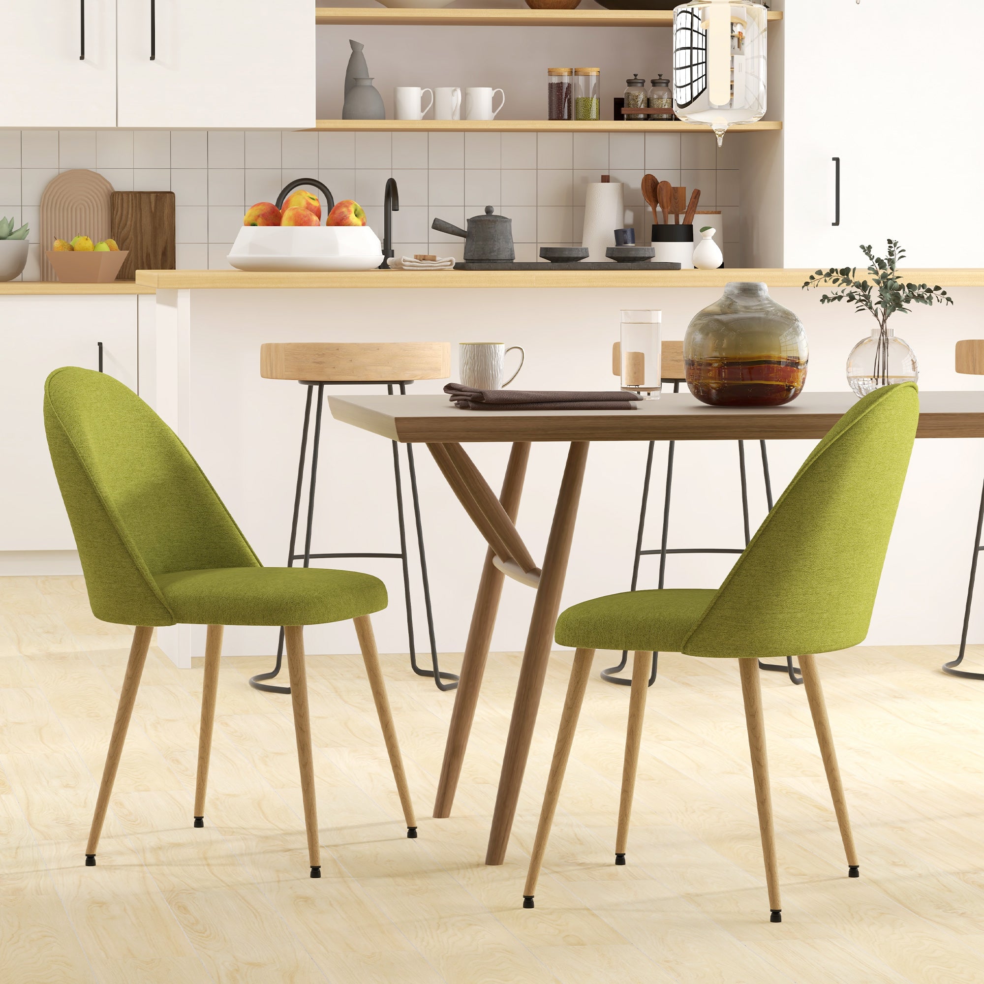 Set of 2 Dining Chairs Kitchen Chairs Upholstered in Linen Fabric with Steel Legs for Living Room Bedroom Load 120 kg 50x52x83 cm Green