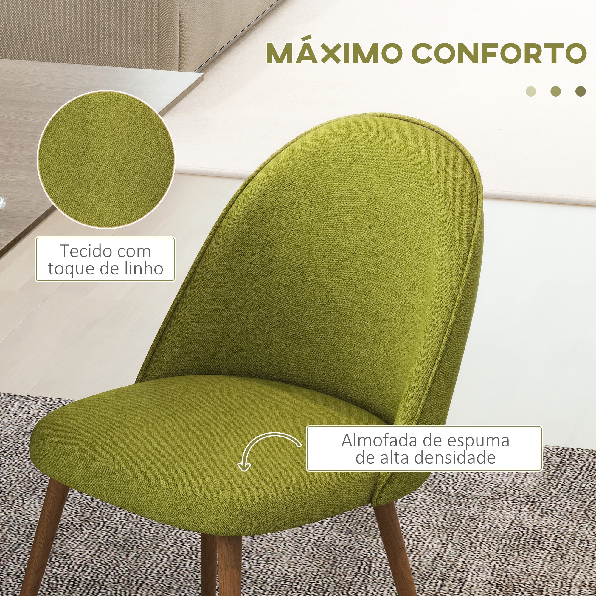 Set of 2 Dining Chairs Kitchen Chairs Upholstered in Linen Fabric with Steel Legs for Living Room Bedroom Load 120 kg 50x52x83 cm Green