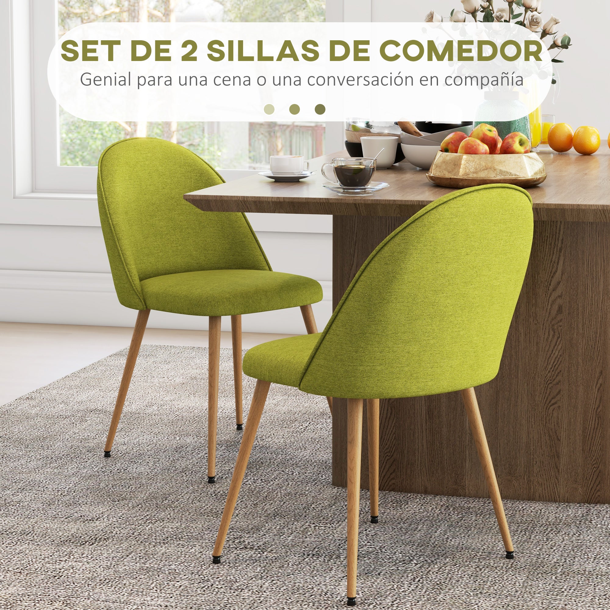 Set of 2 Dining Chairs Kitchen Chairs Upholstered in Linen Fabric with Steel Legs for Living Room Bedroom Load 120 kg 50x52x83 cm Green