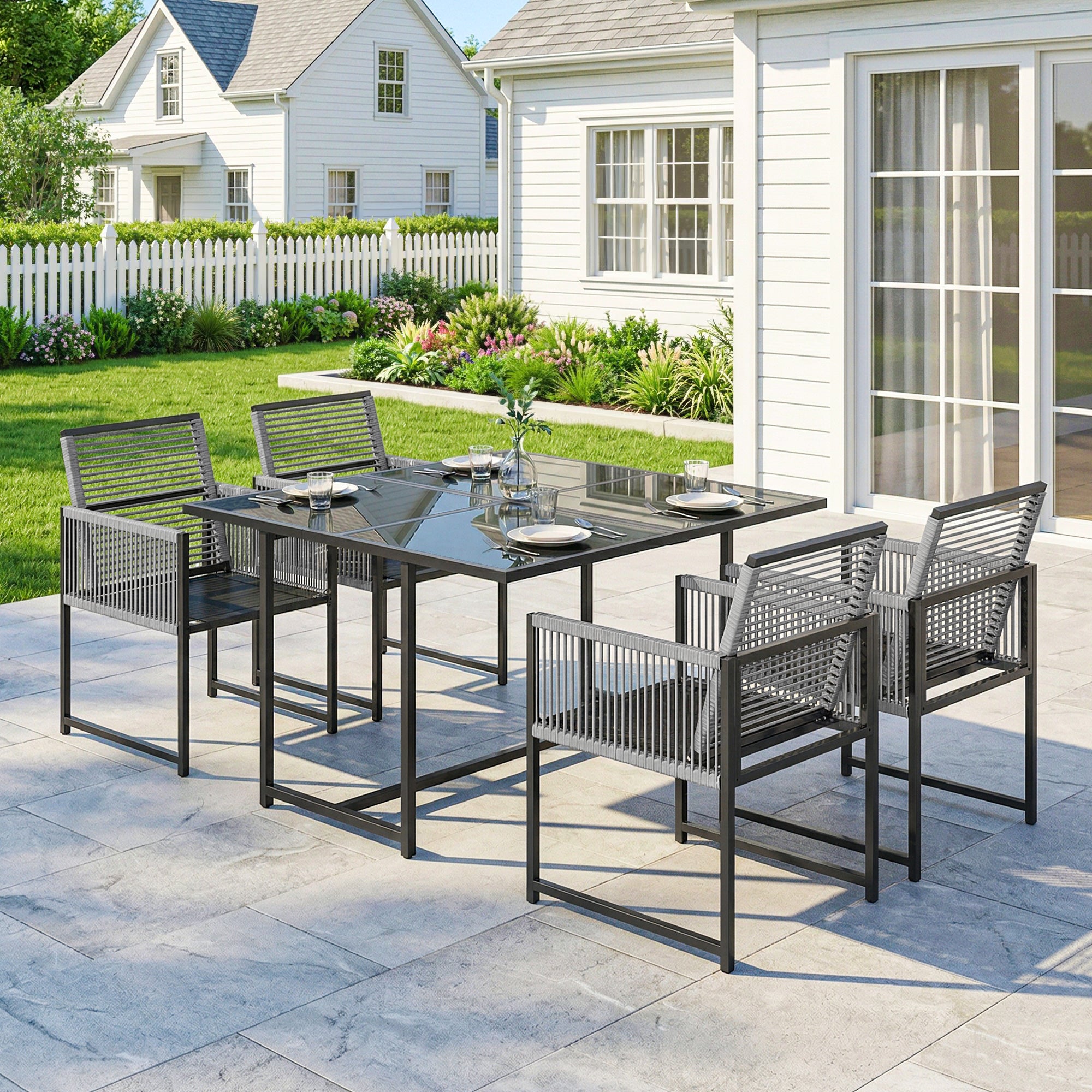 5-Piece Outdoor Dining Set - Square Tempered Glass Table with 4 Breathable Folding Rope Chairs, Space-Saving, Light Gray