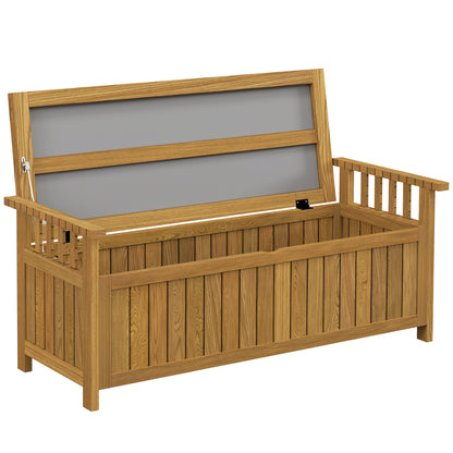 2-Seater Wooden Garden Bench with 186L Storage Space, Outdoor Bench with Armrests, 240 kg Weight Capacity, for Garden Balcony, 128.5 x 56 x 53.5 cm Brown