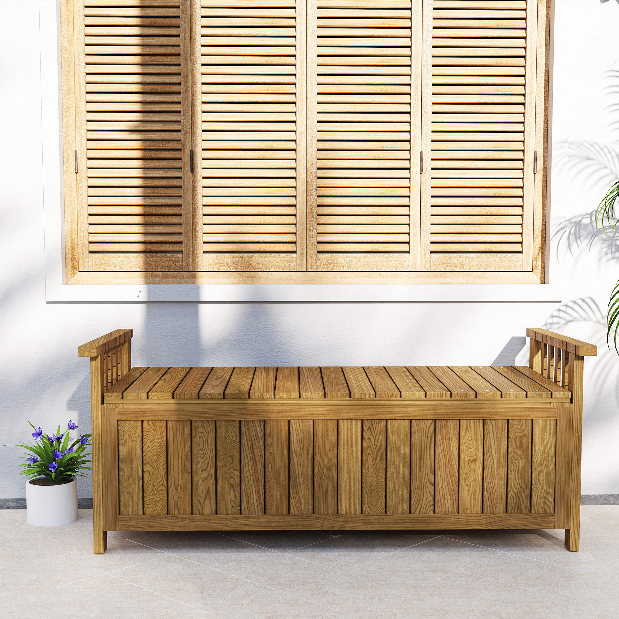 2-Seater Wooden Garden Bench with 186L Storage Space, Outdoor Bench with Armrests, 240 kg Weight Capacity, for Garden Balcony, 128.5 x 56 x 53.5 cm Brown