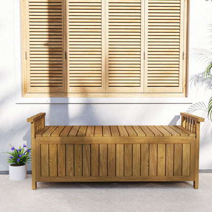 2-Seater Wooden Garden Bench with 186L Storage Space, Outdoor Bench with Armrests, 240 kg Weight Capacity, for Garden Balcony, 128.5 x 56 x 53.5 cm Brown