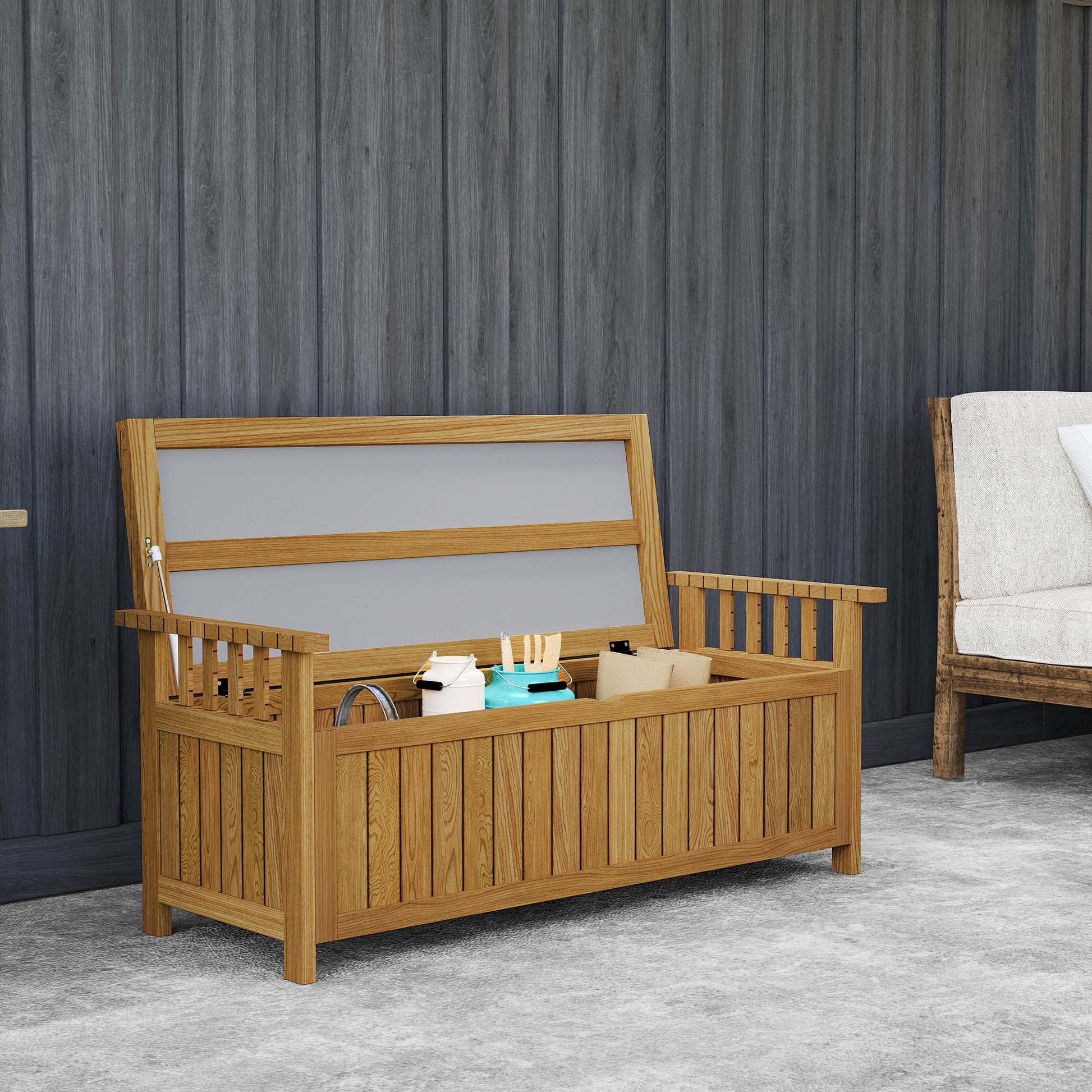 2-Seater Wooden Garden Bench with 186L Storage Space, Outdoor Bench with Armrests, 240 kg Weight Capacity, for Garden Balcony, 128.5 x 56 x 53.5 cm Brown