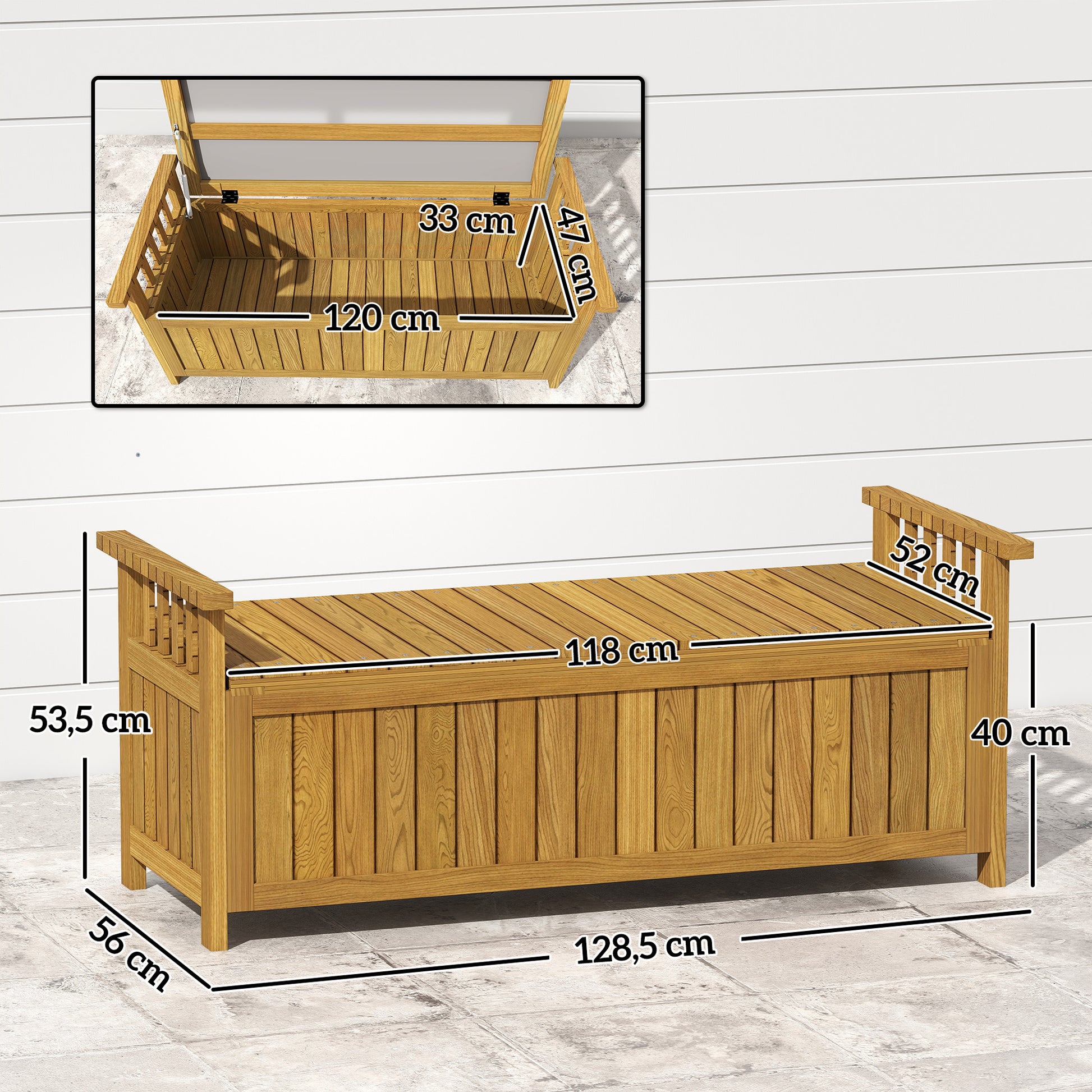 2-Seater Wooden Garden Bench with 186L Storage Space, Outdoor Bench with Armrests, 240 kg Weight Capacity, for Garden Balcony, 128.5 x 56 x 53.5 cm Brown
