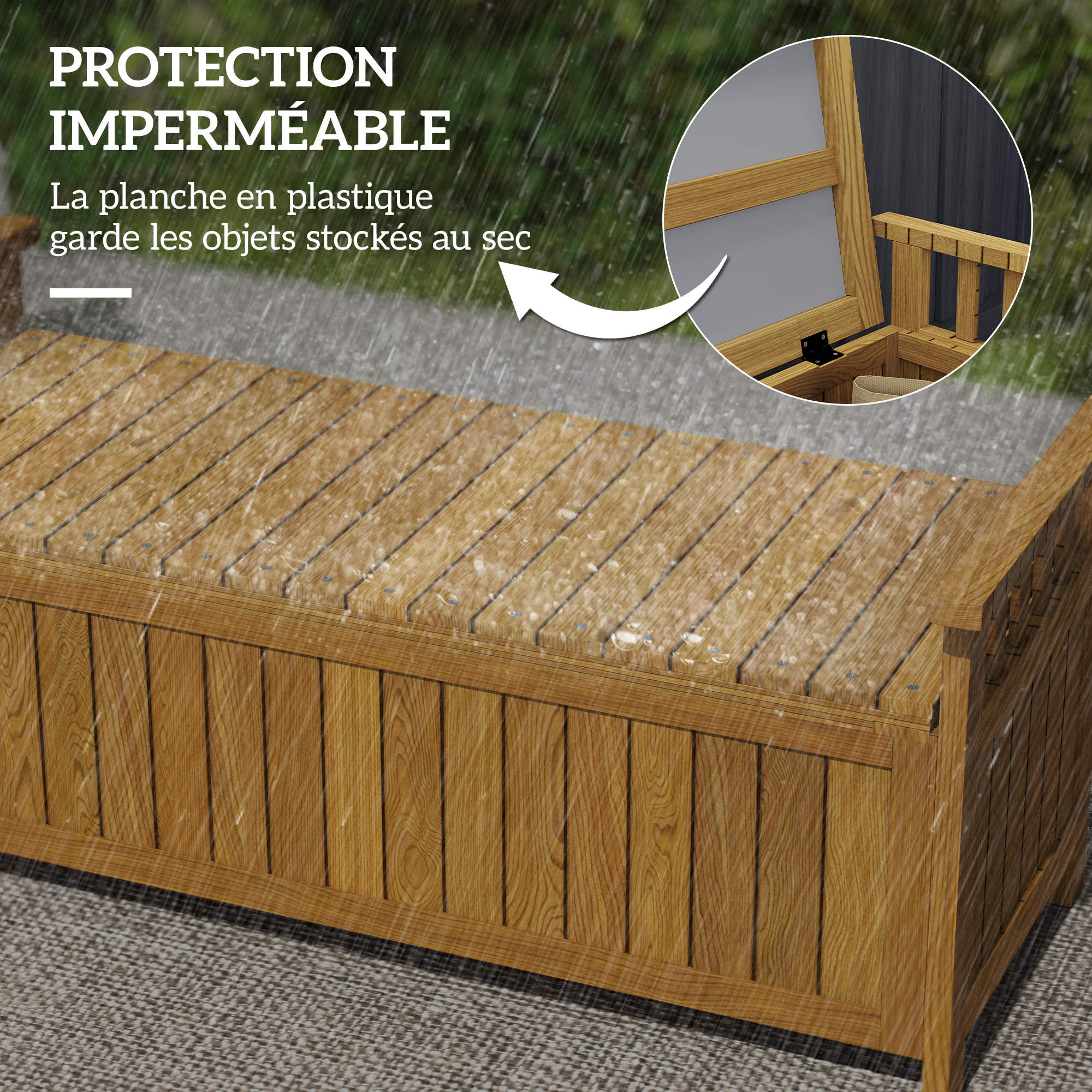 2-Seater Wooden Garden Bench with 186L Storage Space, Outdoor Bench with Armrests, 240 kg Weight Capacity, for Garden Balcony, 128.5 x 56 x 53.5 cm Brown