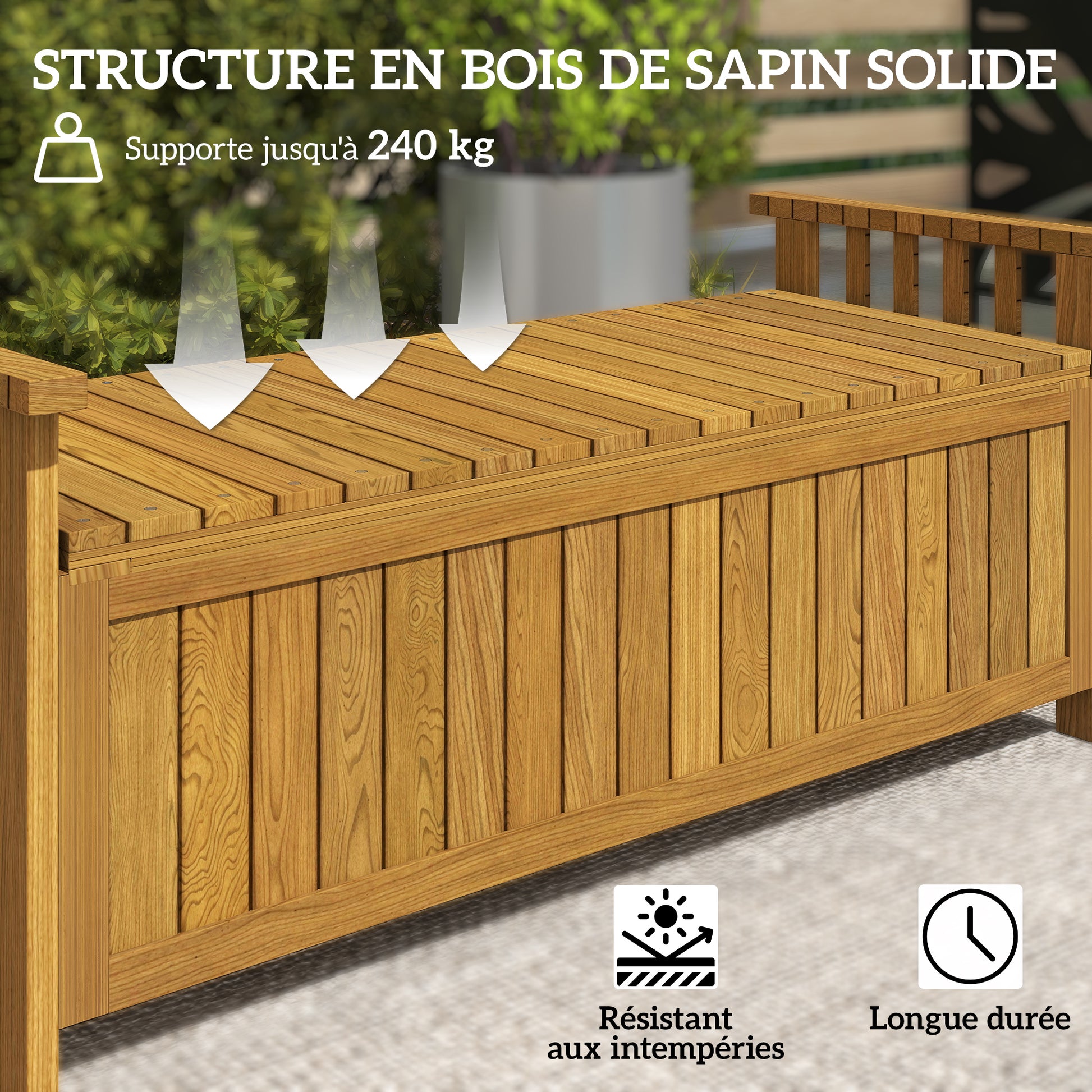 2-Seater Wooden Garden Bench with 186L Storage Space, Outdoor Bench with Armrests, 240 kg Weight Capacity, for Garden Balcony, 128.5 x 56 x 53.5 cm Brown
