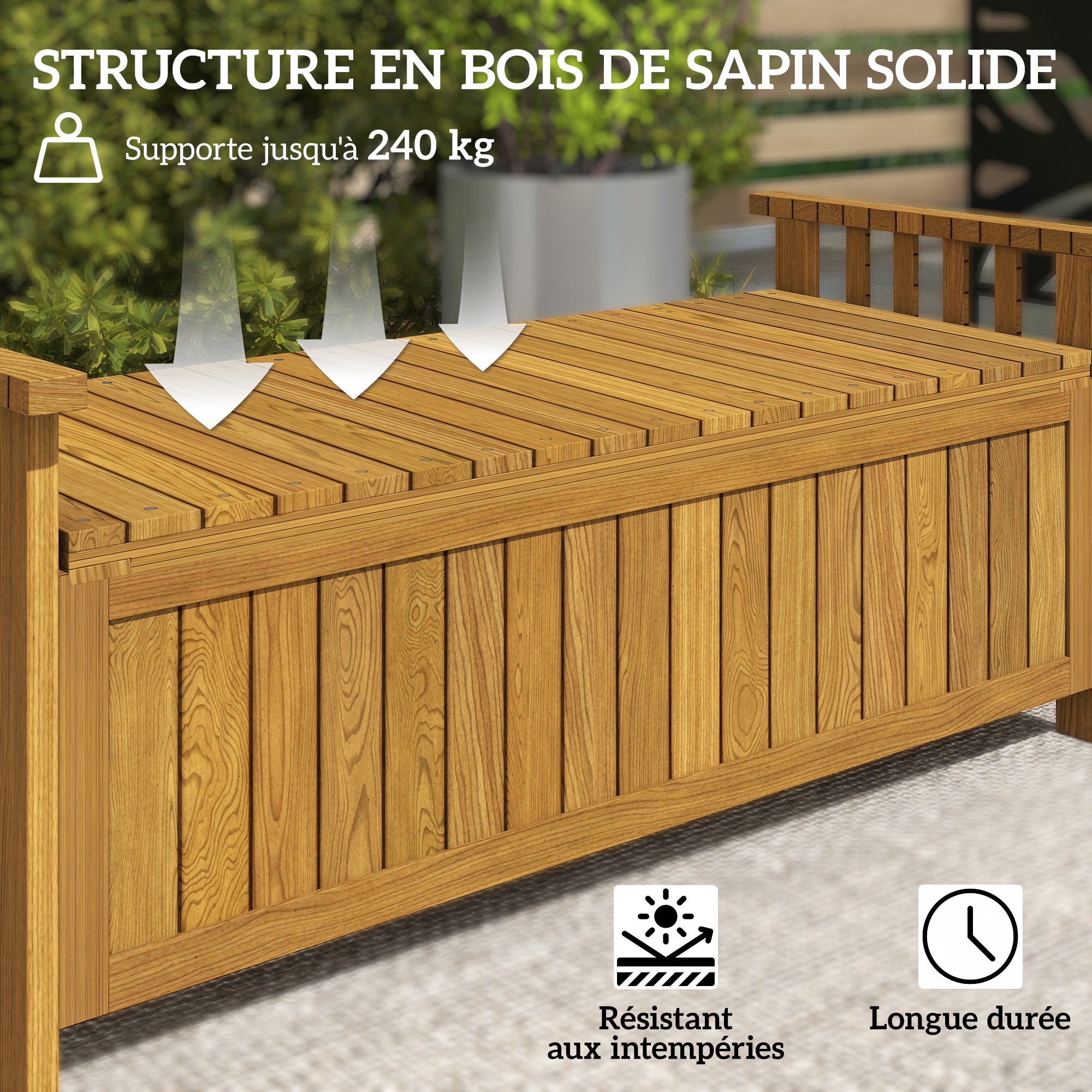 2-Seater Wooden Garden Bench with 186L Storage Space, Outdoor Bench with Armrests, 240 kg Weight Capacity, for Garden Balcony, 128.5 x 56 x 53.5 cm Brown