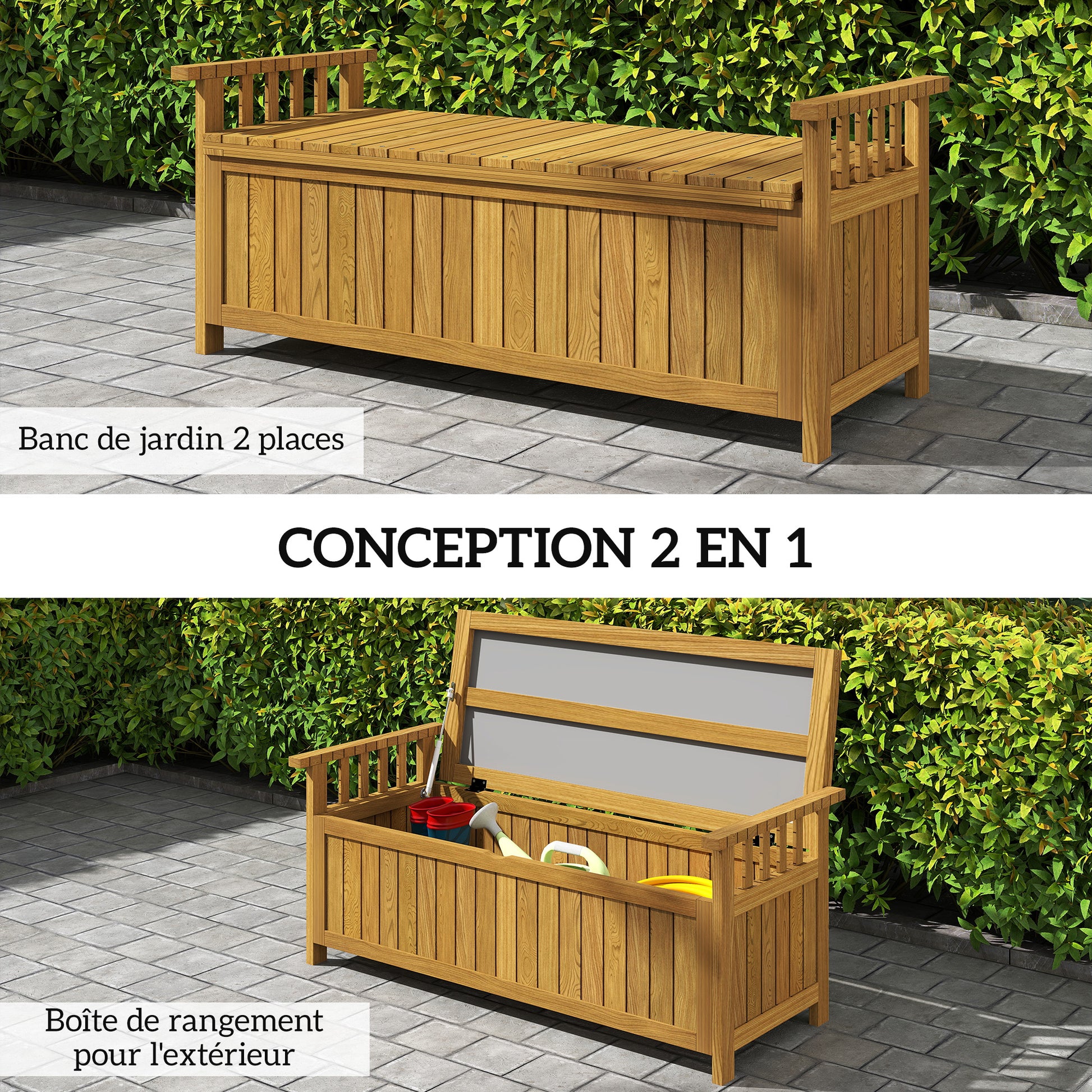 2-Seater Wooden Garden Bench with 186L Storage Space, Outdoor Bench with Armrests, 240 kg Weight Capacity, for Garden Balcony, 128.5 x 56 x 53.5 cm Brown