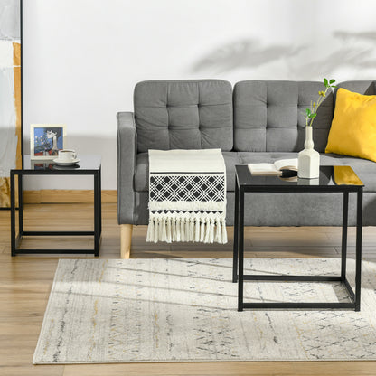 Side Table 2-Piece Set, Coffee Table Set with Glass Tabletop, Square End Table Set for Bedroom, Living Room, Steel, Black