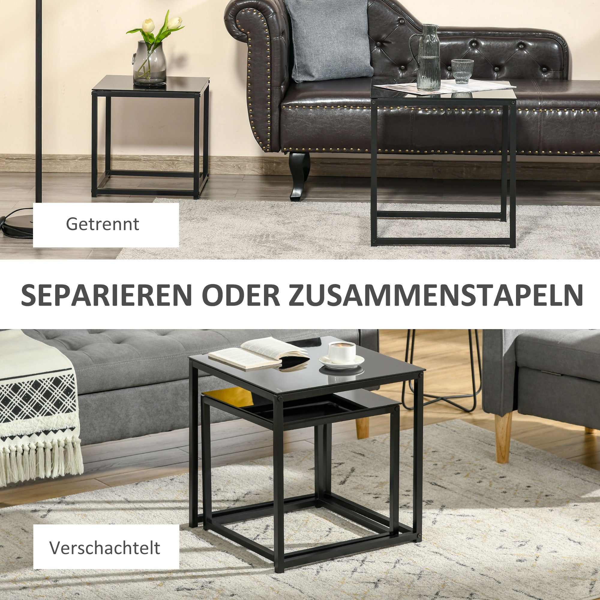 Side Table 2-Piece Set, Coffee Table Set with Glass Tabletop, Square End Table Set for Bedroom, Living Room, Steel, Black