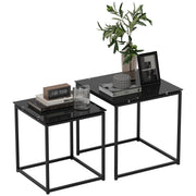 Side Table 2-Piece Set, Coffee Table Set with Glass Tabletop, Square End Table Set for Bedroom, Living Room, Steel, Black
