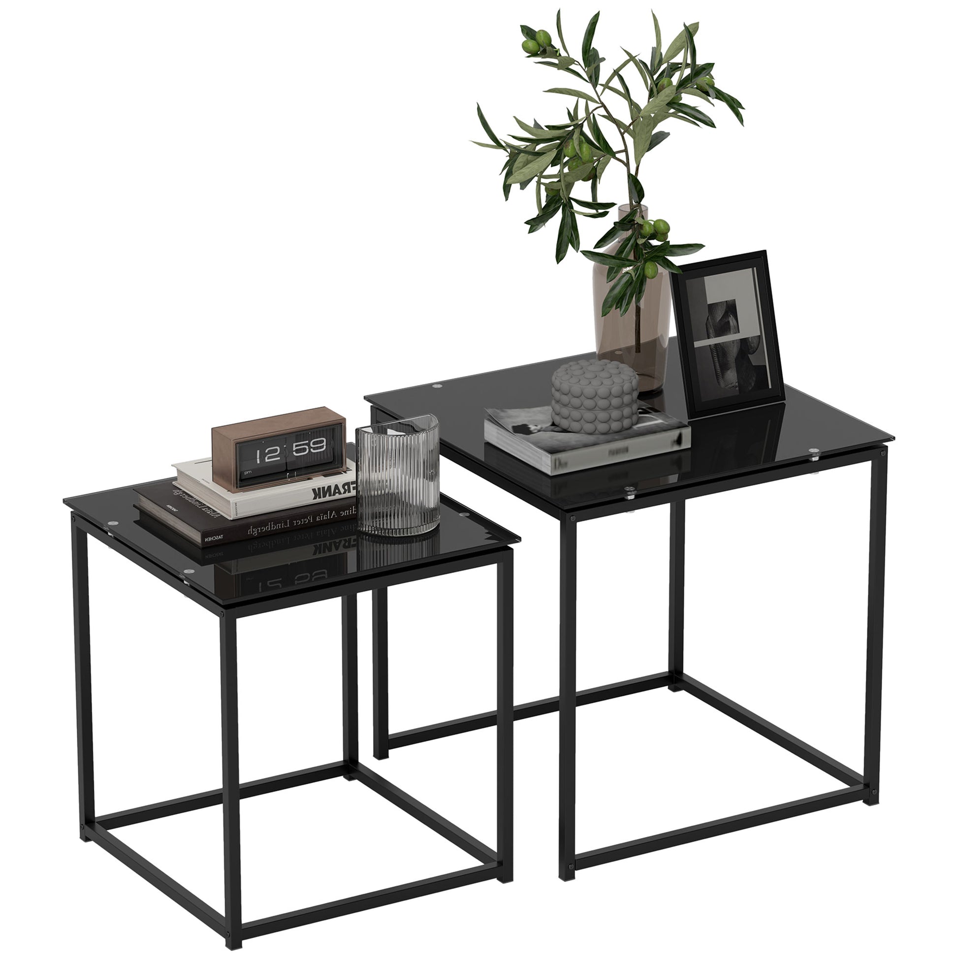 Side Table 2-Piece Set, Coffee Table Set with Glass Tabletop, Square End Table Set for Bedroom, Living Room, Steel, Black