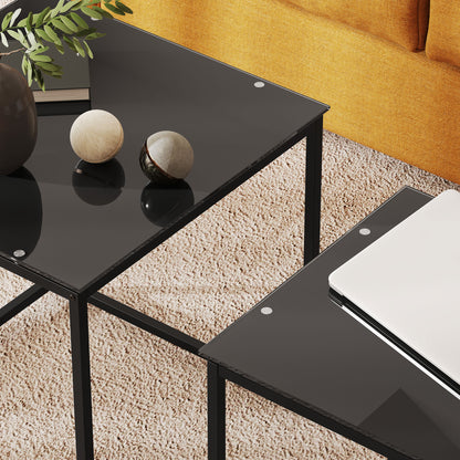 Side Table 2-Piece Set, Coffee Table Set with Glass Tabletop, Square End Table Set for Bedroom, Living Room, Steel, Black