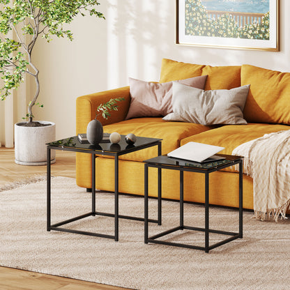 Side Table 2-Piece Set, Coffee Table Set with Glass Tabletop, Square End Table Set for Bedroom, Living Room, Steel, Black