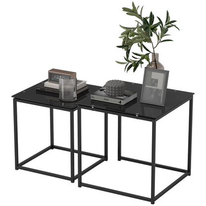 Side Table 2-Piece Set, Coffee Table Set with Glass Tabletop, Square End Table Set for Bedroom, Living Room, Steel, Black