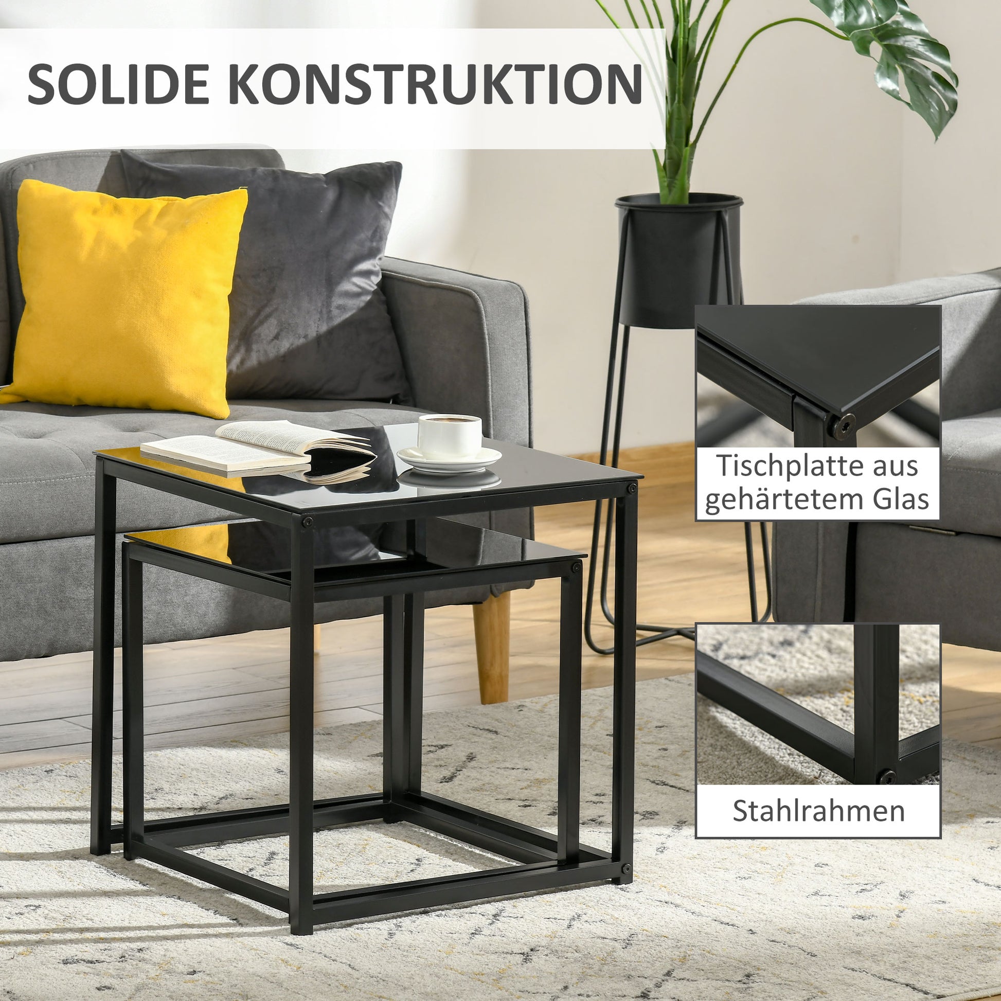 Side Table 2-Piece Set, Coffee Table Set with Glass Tabletop, Square End Table Set for Bedroom, Living Room, Steel, Black