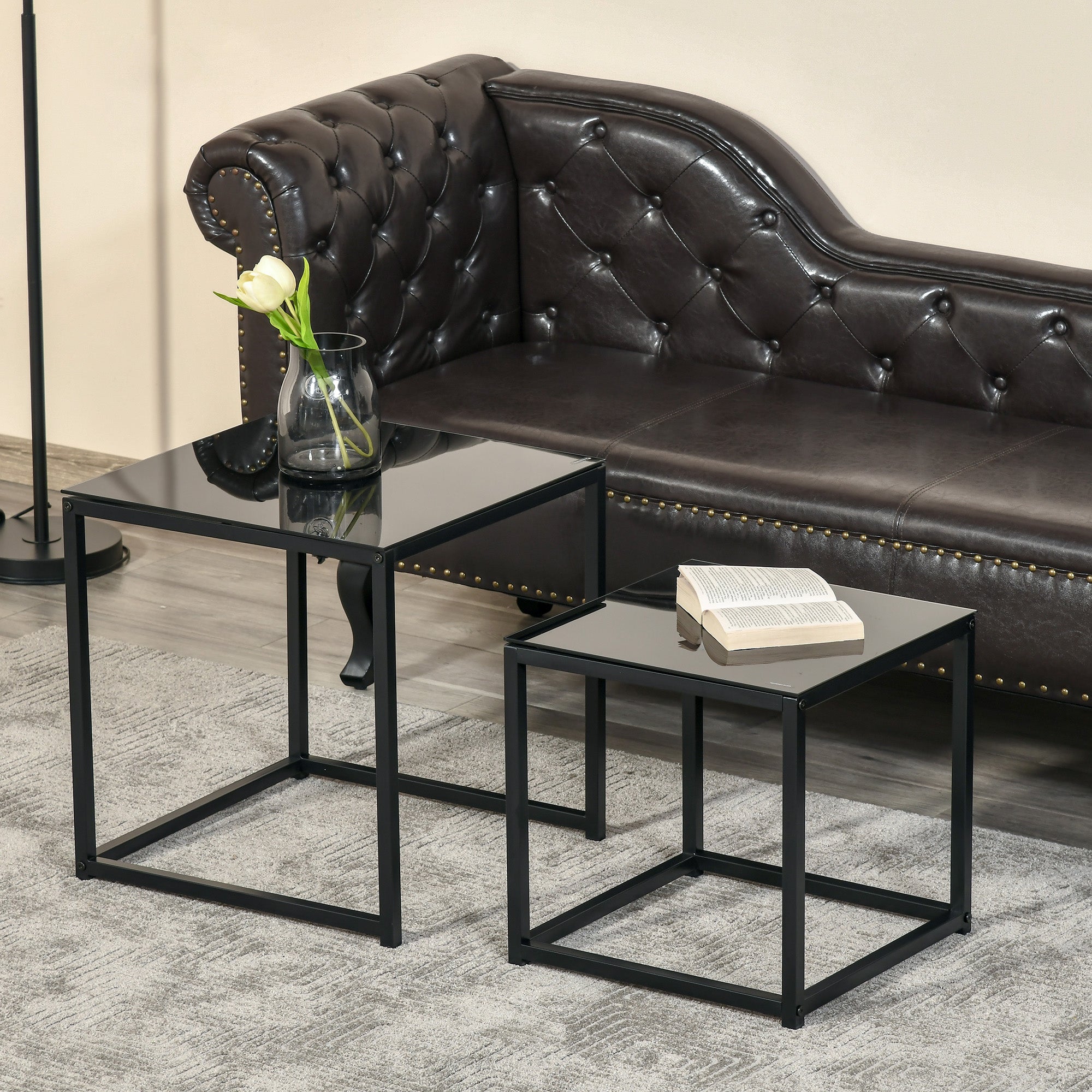 Side Table 2-Piece Set, Coffee Table Set with Glass Tabletop, Square End Table Set for Bedroom, Living Room, Steel, Black
