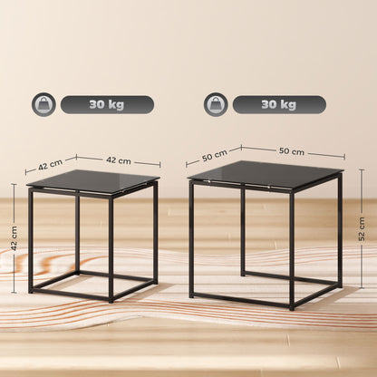 Side Table 2-Piece Set, Coffee Table Set with Glass Tabletop, Square End Table Set for Bedroom, Living Room, Steel, Black