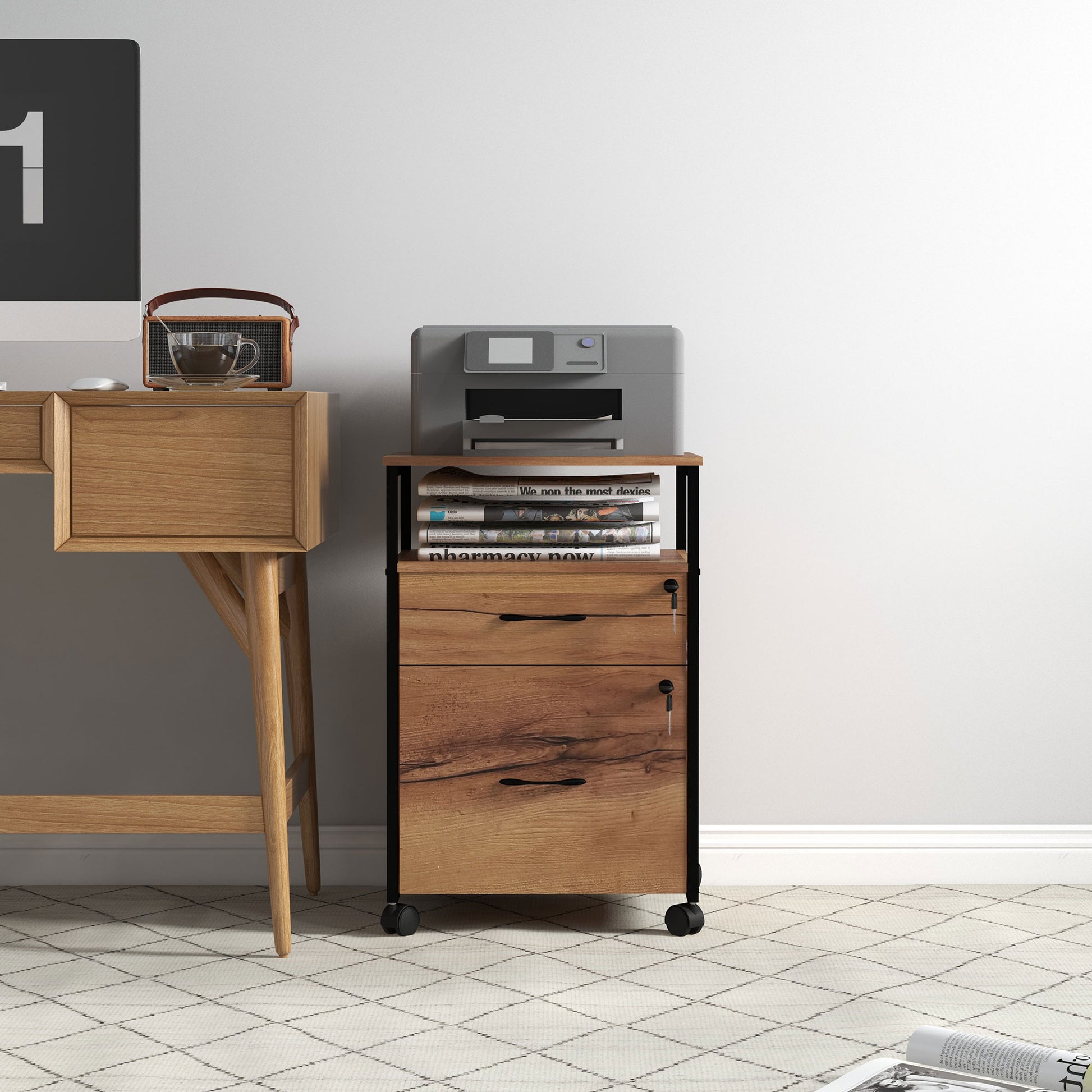Office File Cabinet with Keys Mobile Filing Cabinet with Wheels 2 Drawers Hanging Bar for Letter A4 Size and 2 Keys 44x40x66.5 cm Rustic Brown