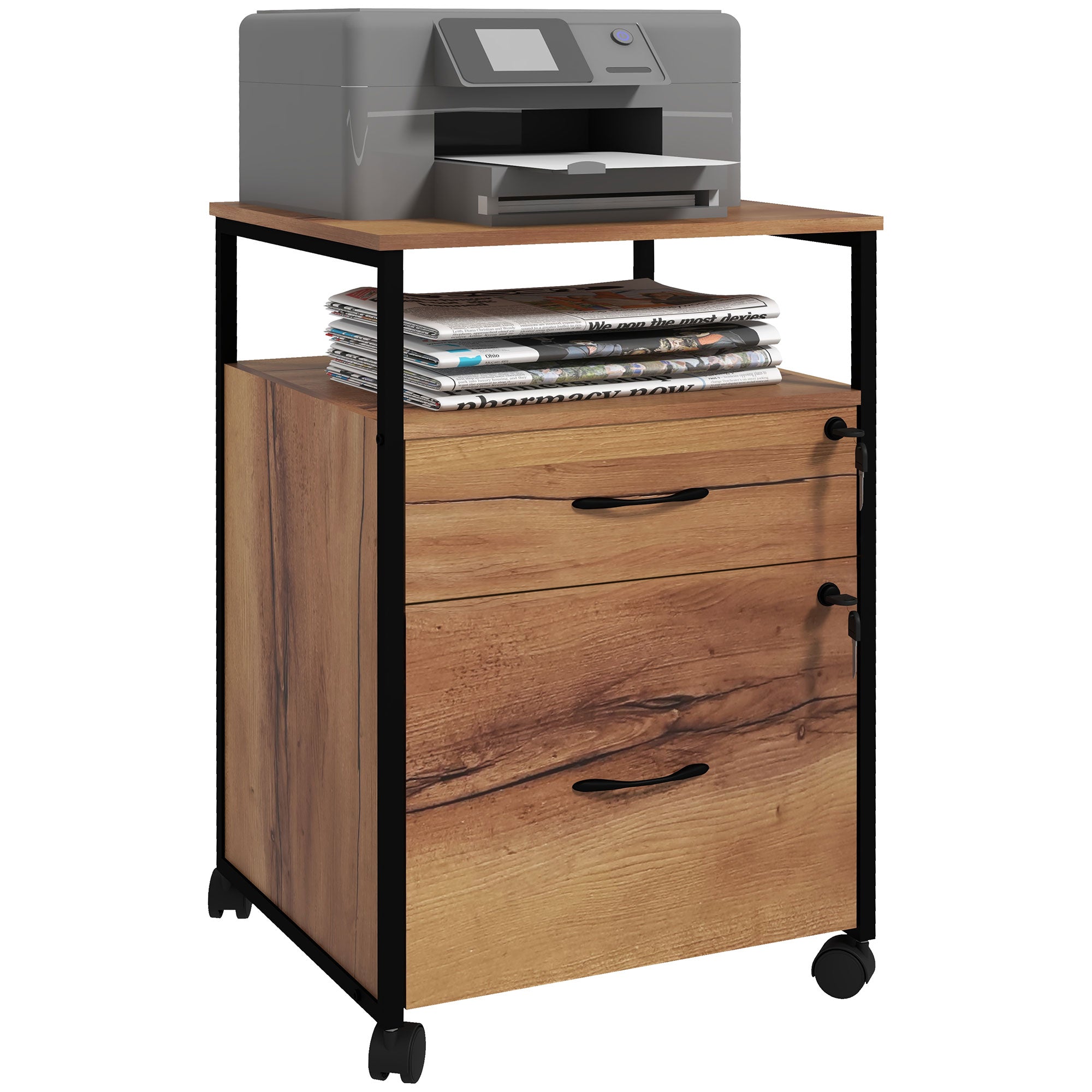 Office File Cabinet with Keys Mobile Filing Cabinet with Wheels 2 Drawers Hanging Bar for Letter A4 Size and 2 Keys 44x40x66.5 cm Rustic Brown