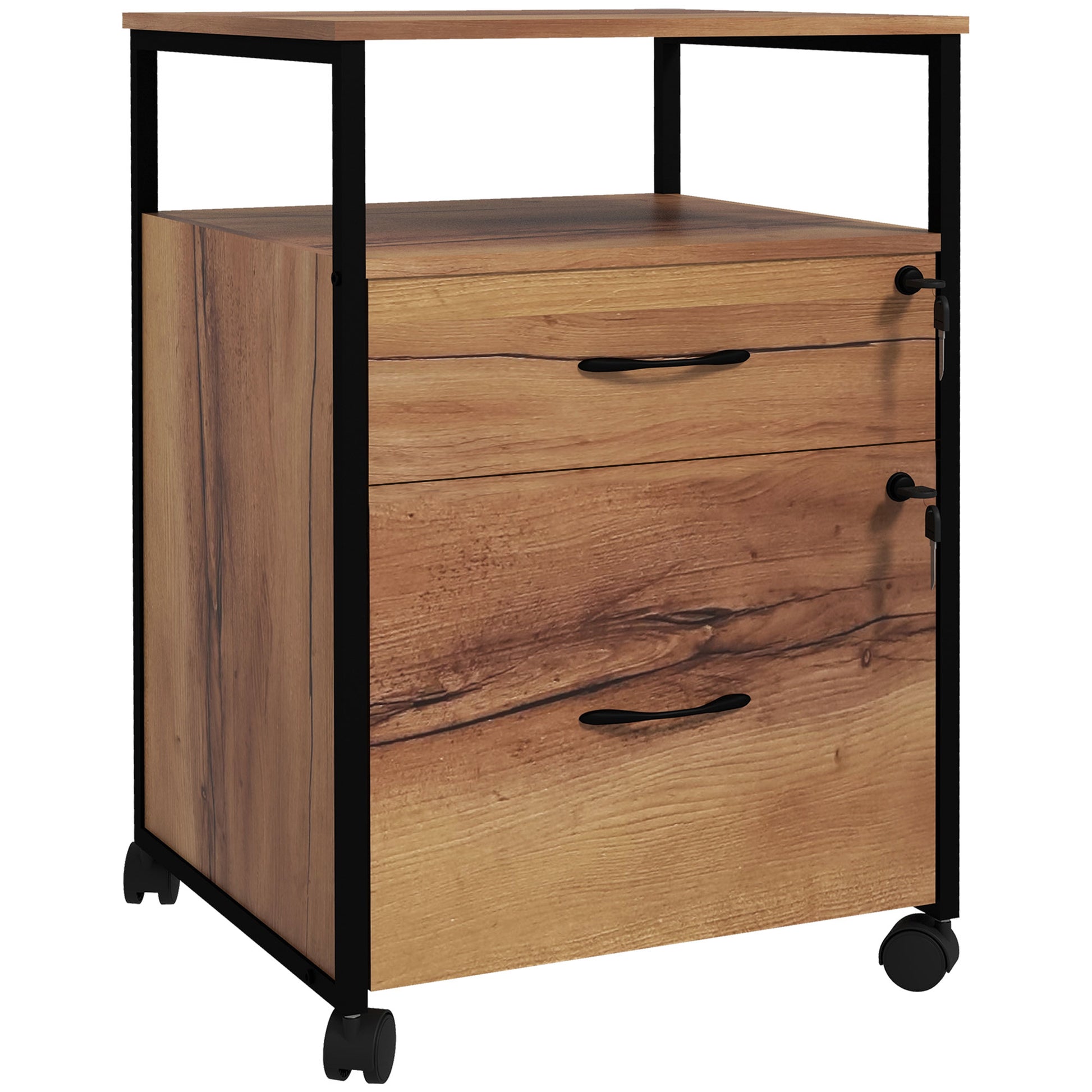 Office File Cabinet with Keys Mobile Filing Cabinet with Wheels 2 Drawers Hanging Bar for Letter A4 Size and 2 Keys 44x40x66.5 cm Rustic Brown