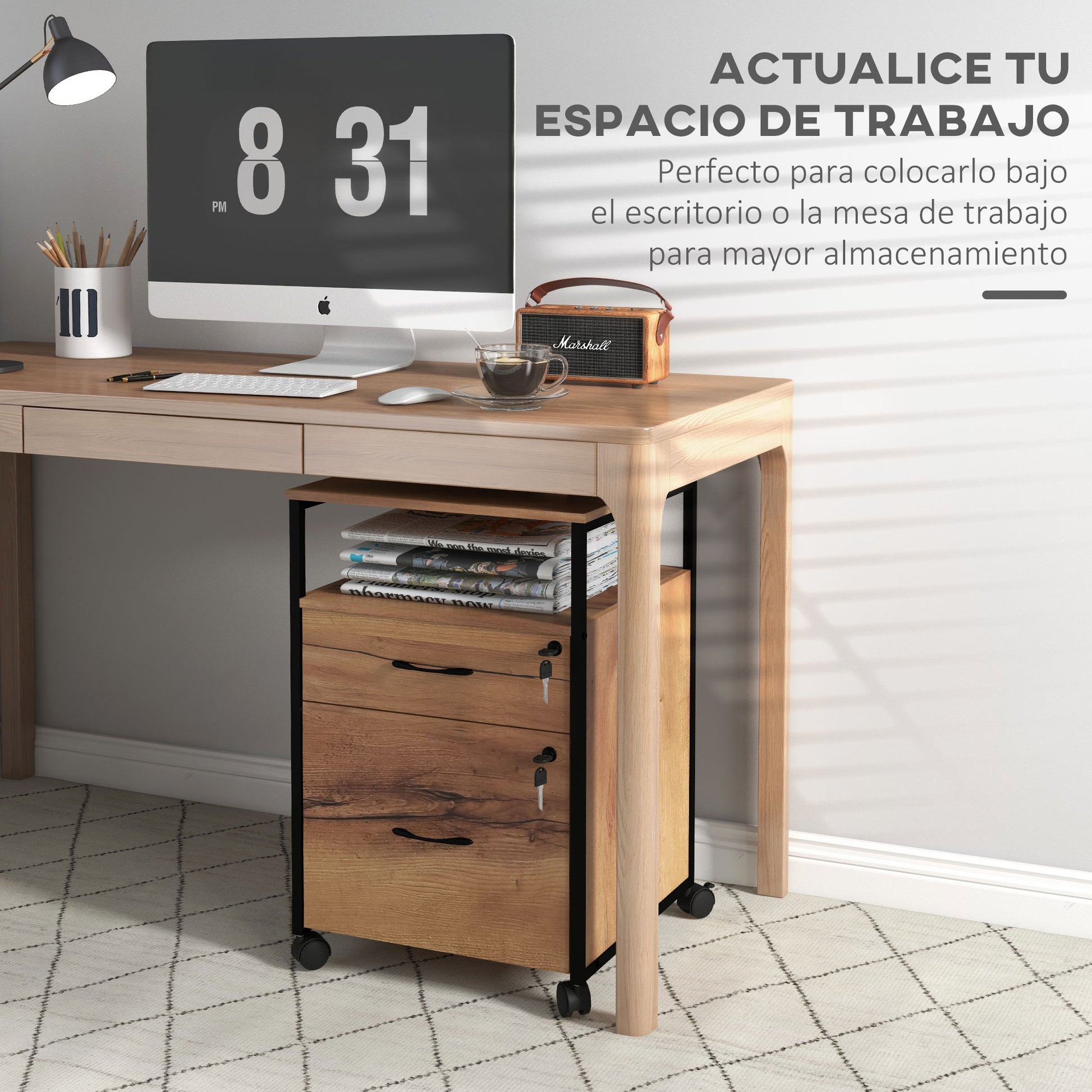 Office File Cabinet with Keys Mobile Filing Cabinet with Wheels 2 Drawers Hanging Bar for Letter A4 Size and 2 Keys 44x40x66.5 cm Rustic Brown