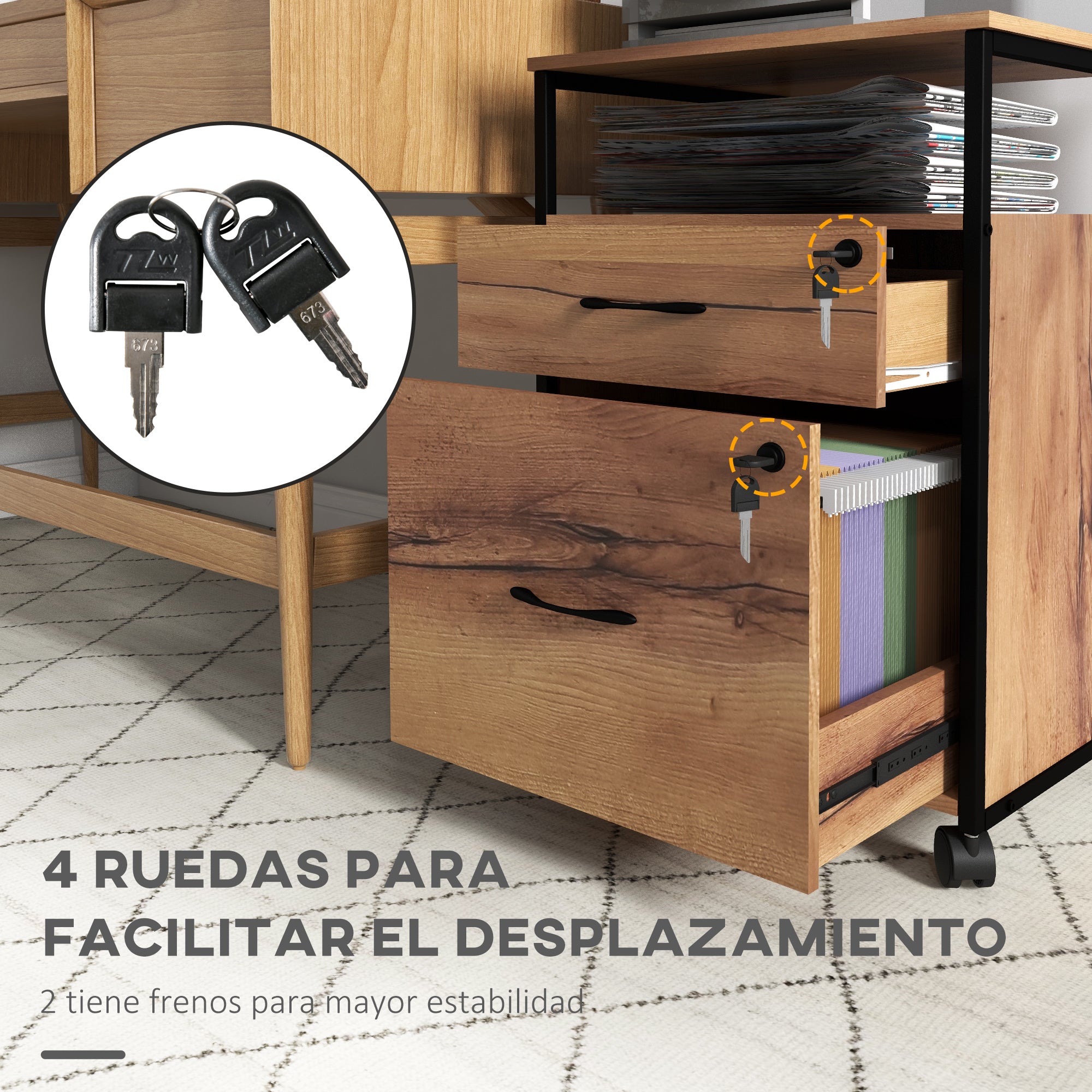 Office File Cabinet with Keys Mobile Filing Cabinet with Wheels 2 Drawers Hanging Bar for Letter A4 Size and 2 Keys 44x40x66.5 cm Rustic Brown