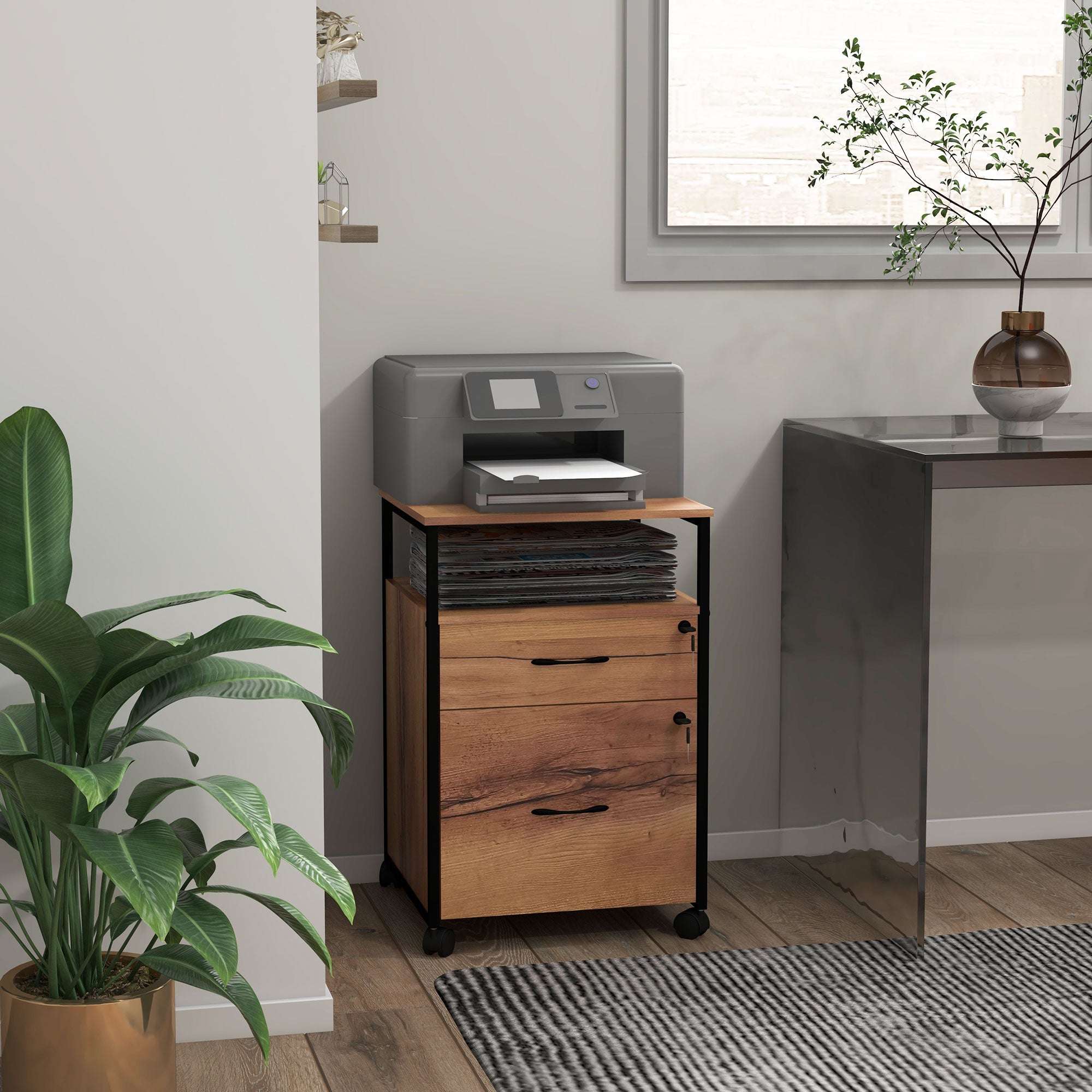 Office File Cabinet with Keys Mobile Filing Cabinet with Wheels 2 Drawers Hanging Bar for Letter A4 Size and 2 Keys 44x40x66.5 cm Rustic Brown