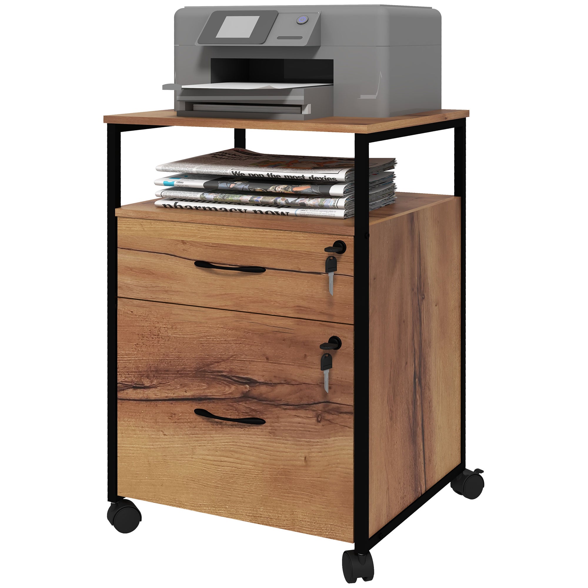 Office File Cabinet with Keys Mobile Filing Cabinet with Wheels 2 Drawers Hanging Bar for Letter A4 Size and 2 Keys 44x40x66.5 cm Rustic Brown