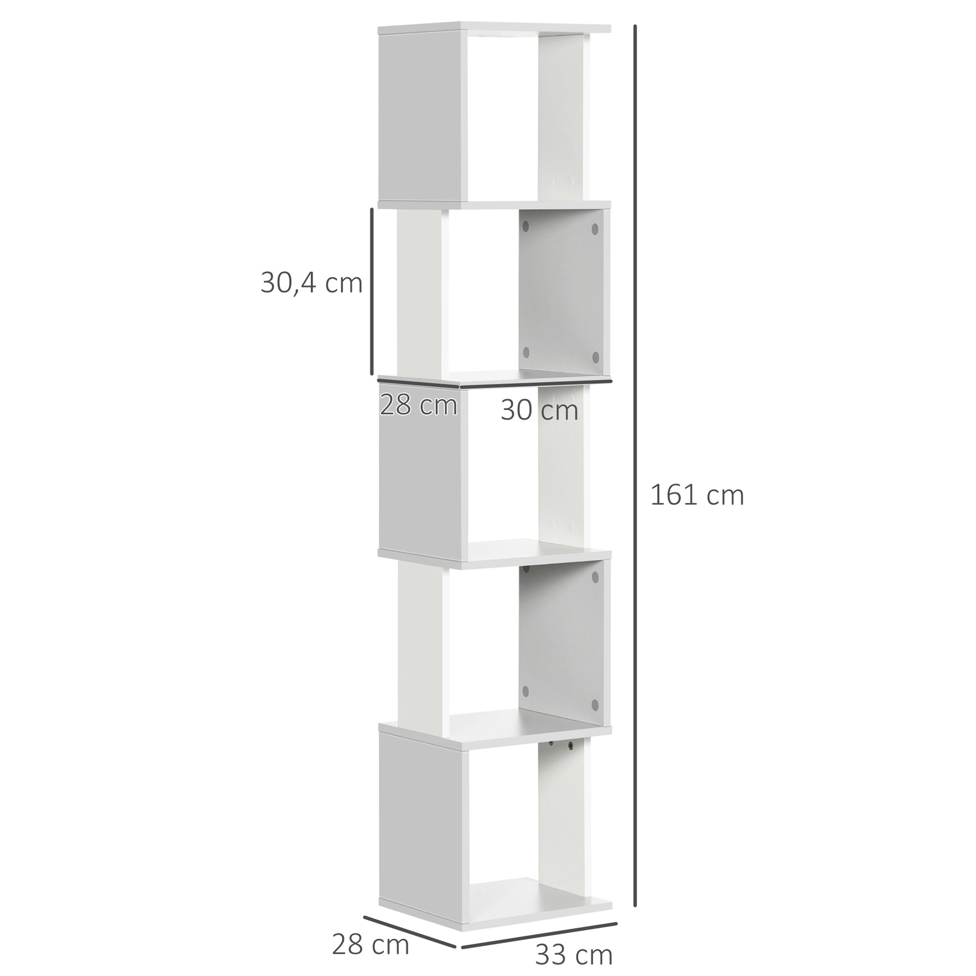 S-Shaped Bookcase Bookshelf with 5 Open Shelves for Living Room Home Office Study Anti-Tip 100 kg Load 33x28x161 cm White and Light Gray