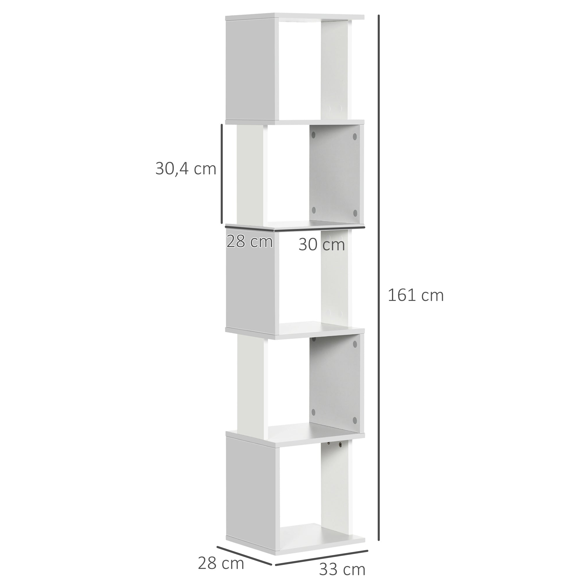 S-Shaped Bookcase Bookshelf with 5 Open Shelves for Living Room Home Office Study Anti-Tip 100 kg Load 33x28x161 cm White and Light Gray