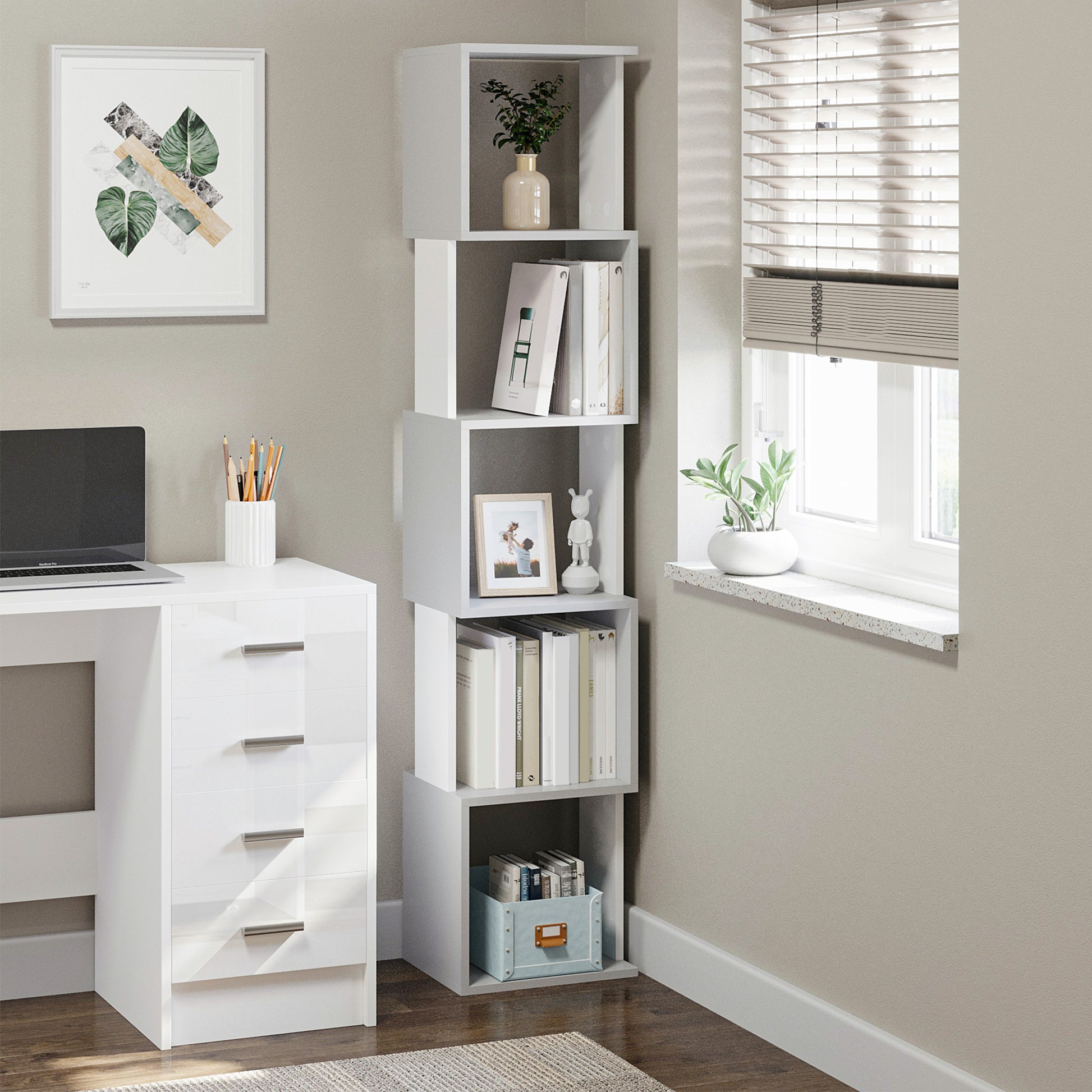 S-Shaped Bookcase Bookshelf with 5 Open Shelves for Living Room Home Office Study Anti-Tip 100 kg Load 33x28x161 cm White and Light Gray